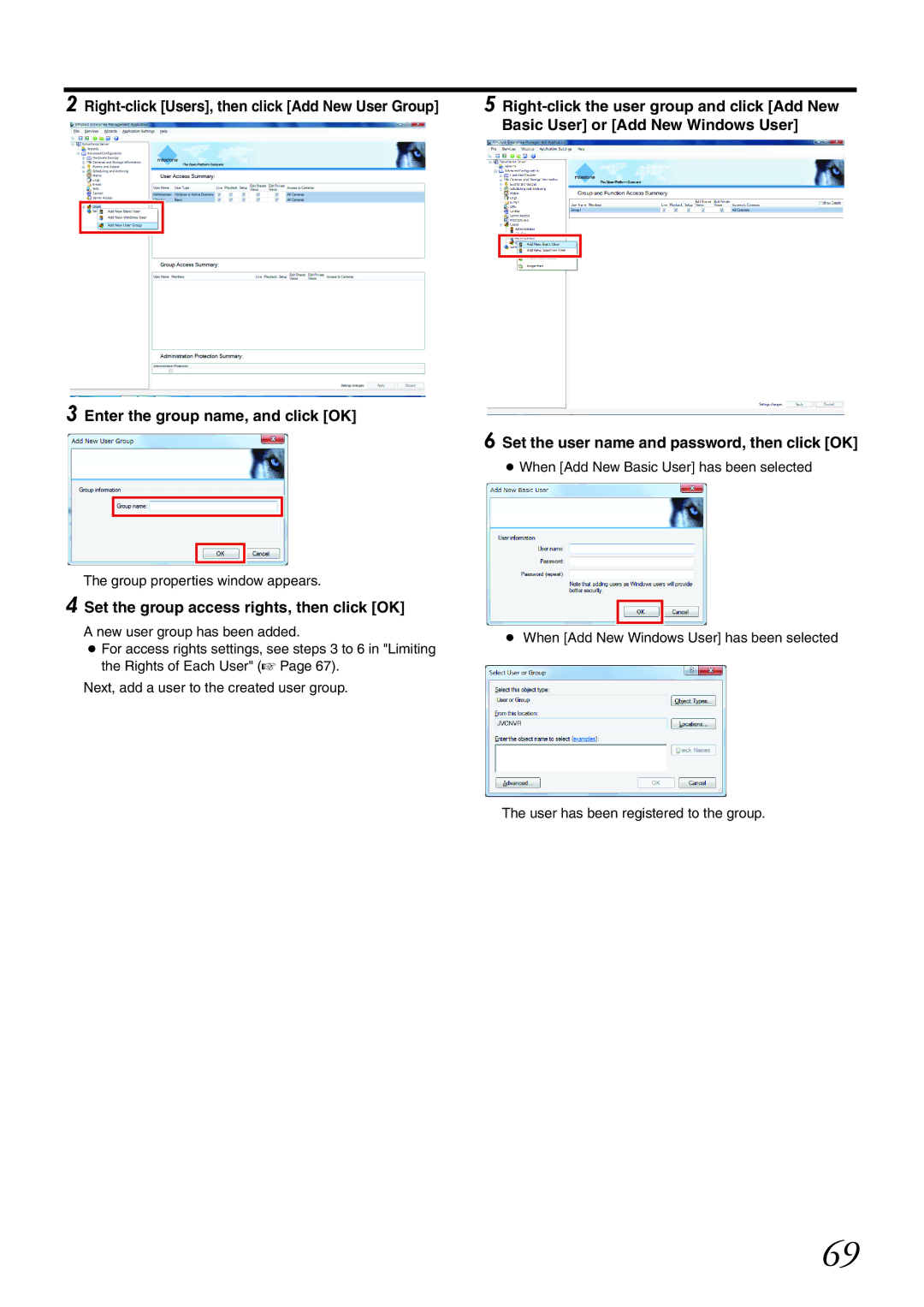 JVC VR-X1600U, VR-X3200U manual Set the group access rights, then click OK, Group properties window appears 