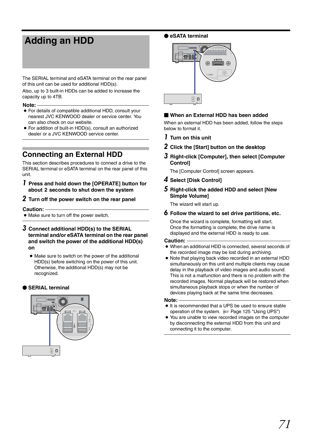 JVC VR-X1600U manual Adding an HDD, Connecting an External HDD,  Serial terminal  When an External HDD has been added 