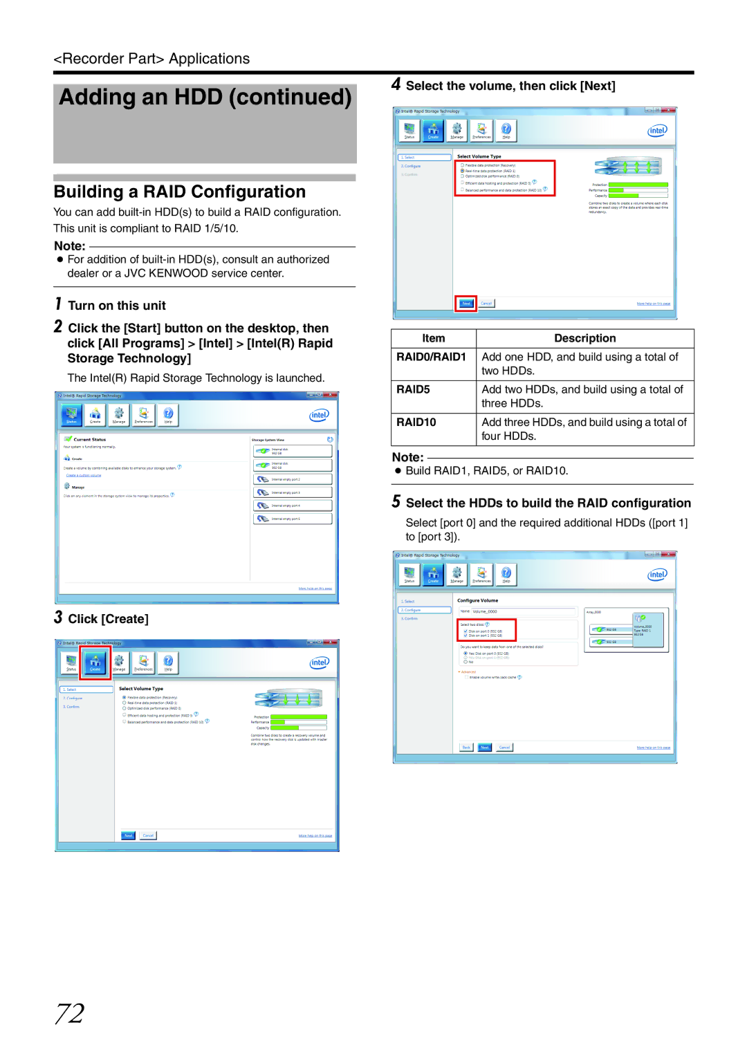 JVC VR-X3200U, VR-X1600U manual Building a RAID Configuration, Select the volume, then click Next, Click Create 