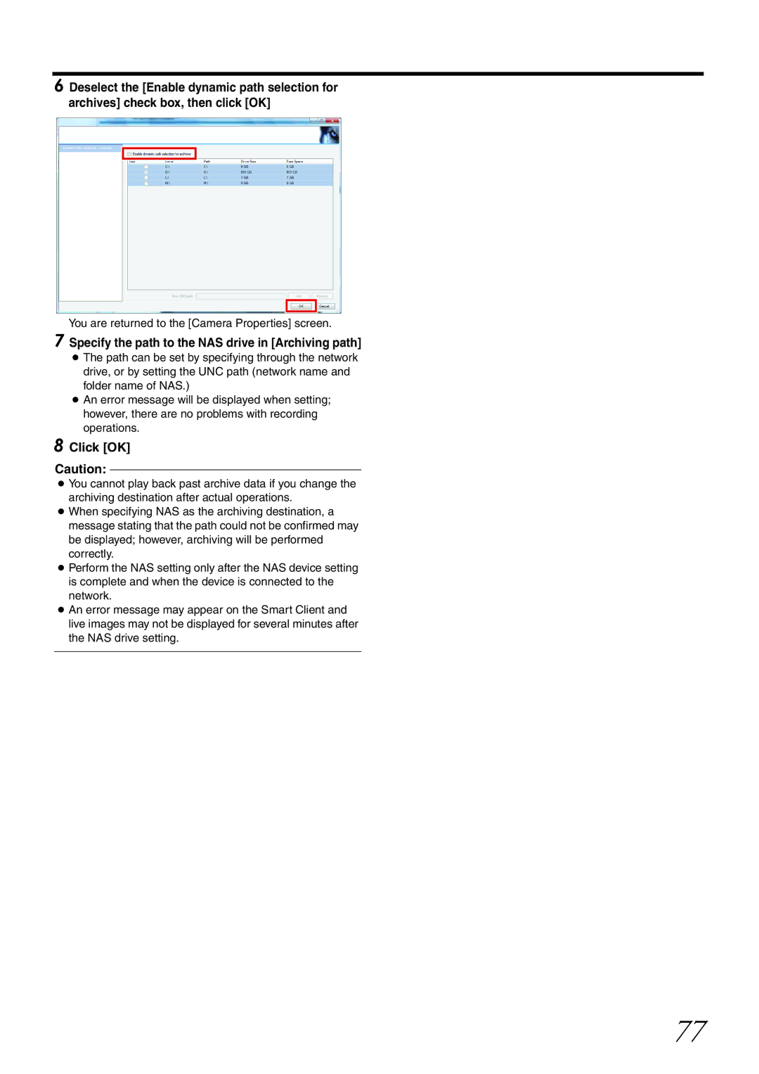 JVC VR-X1600U manual Specify the path to the NAS drive in Archiving path, You are returned to the Camera Properties screen 