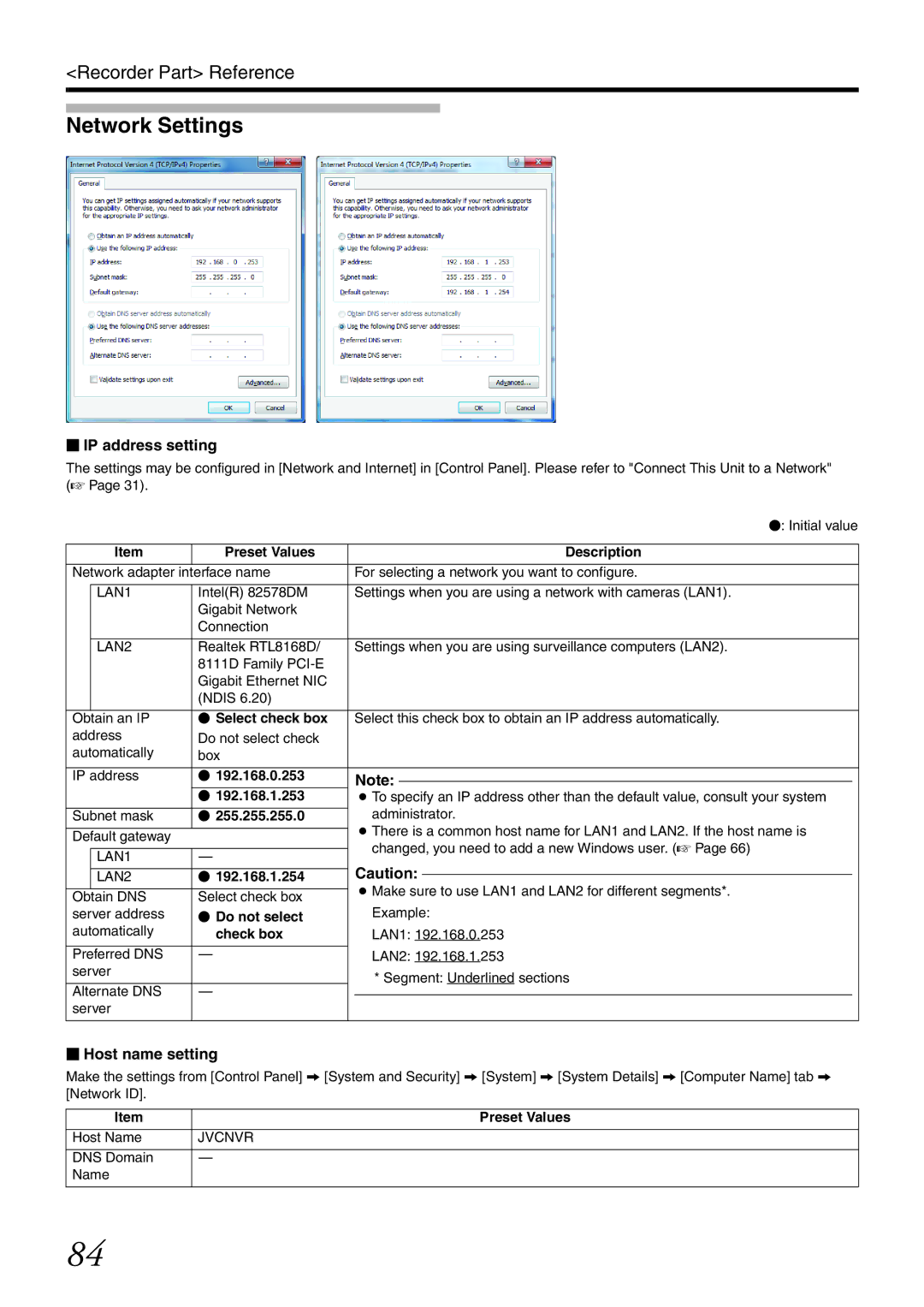 JVC VR-X3200U, VR-X1600U manual Network Settings,  IP address setting,  Host name setting, Preset Values 