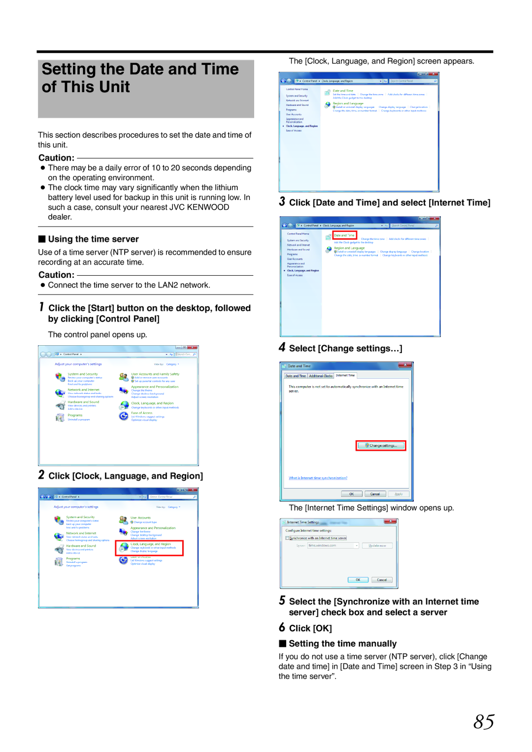 JVC VR-X1600U manual Setting the Date and Time of This Unit,  Using the time server, Click Clock, Language, and Region 