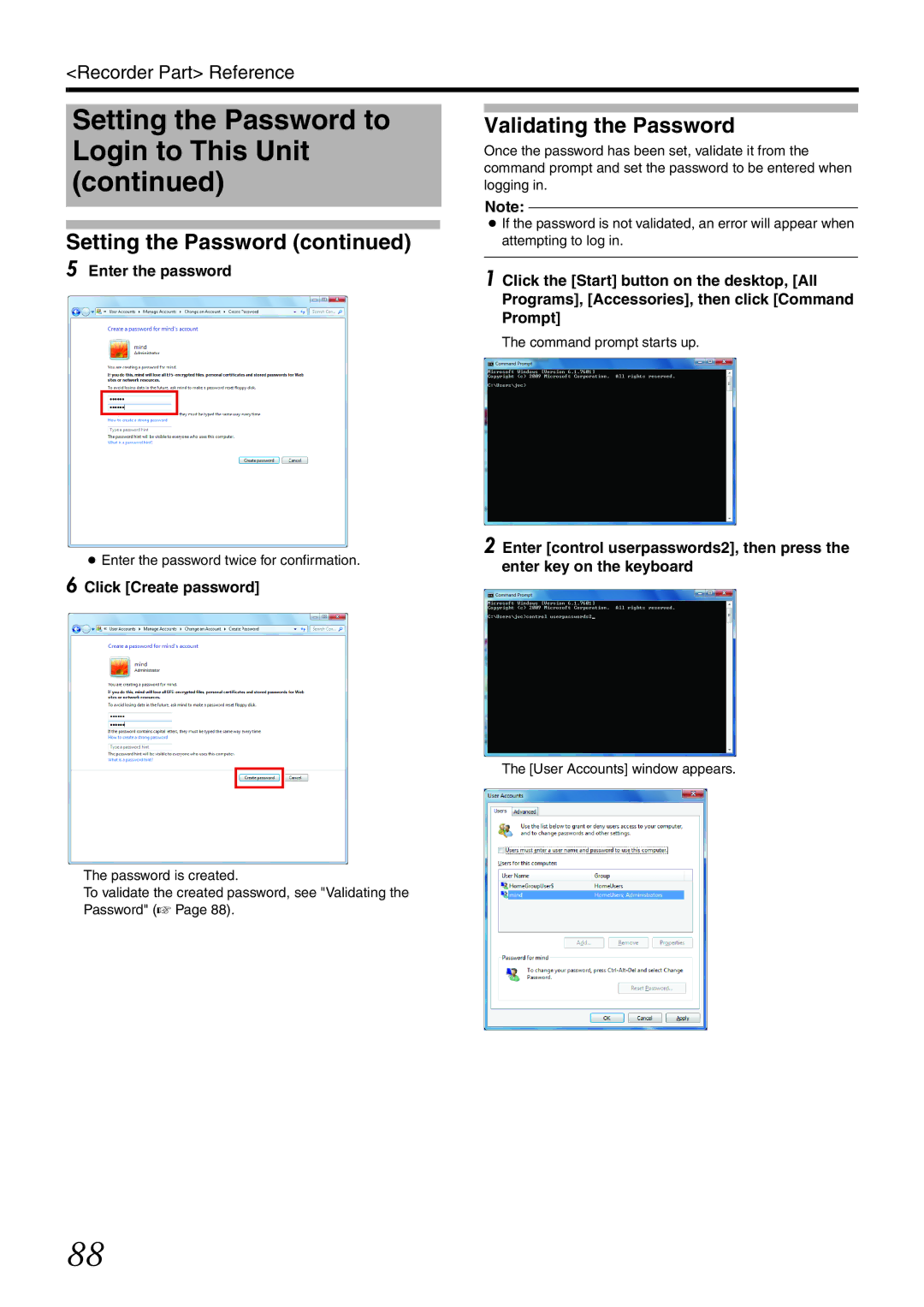 JVC VR-X3200U, VR-X1600U manual Validating the Password, Enter the password, Click Create password 