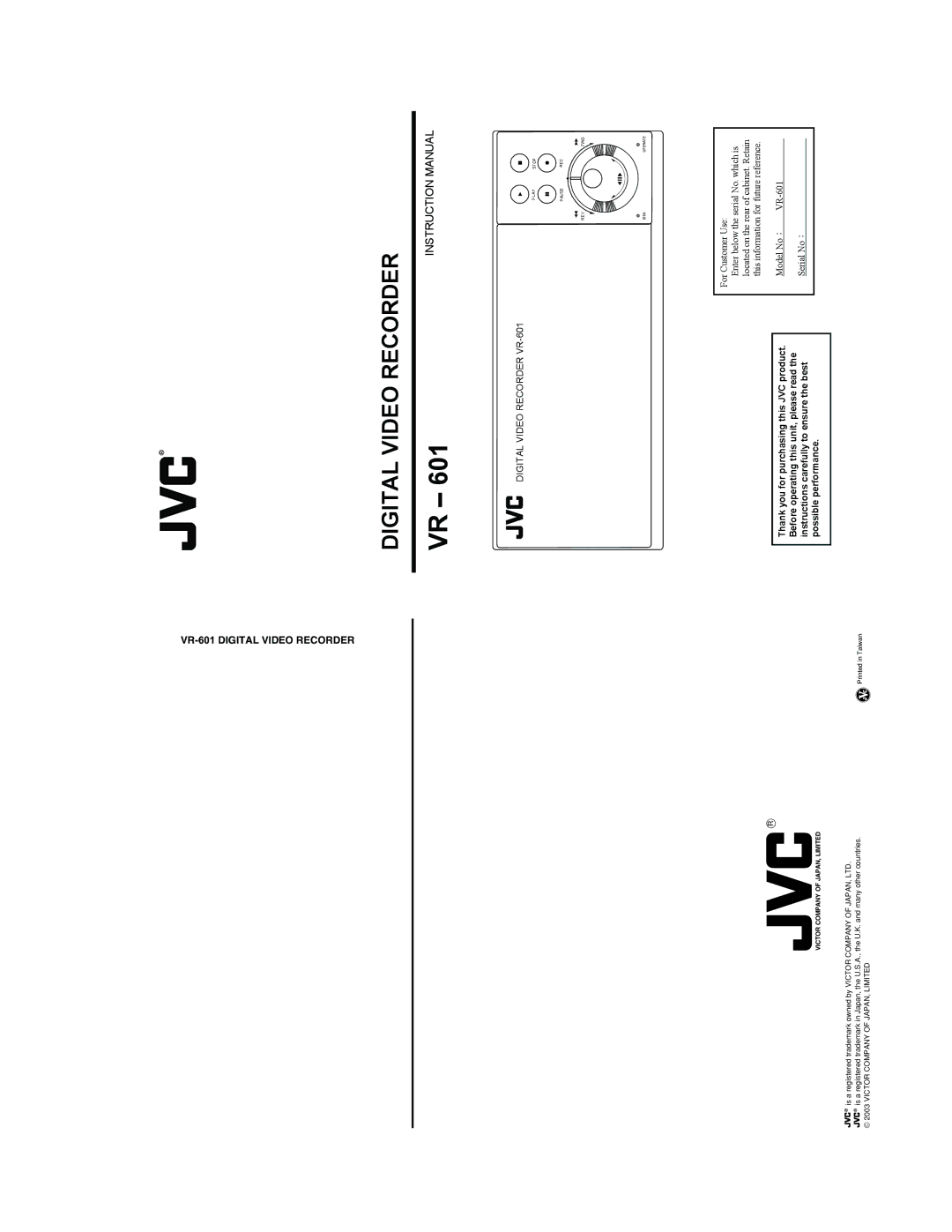 JVC VR601 instruction manual Digital Video Recorder 