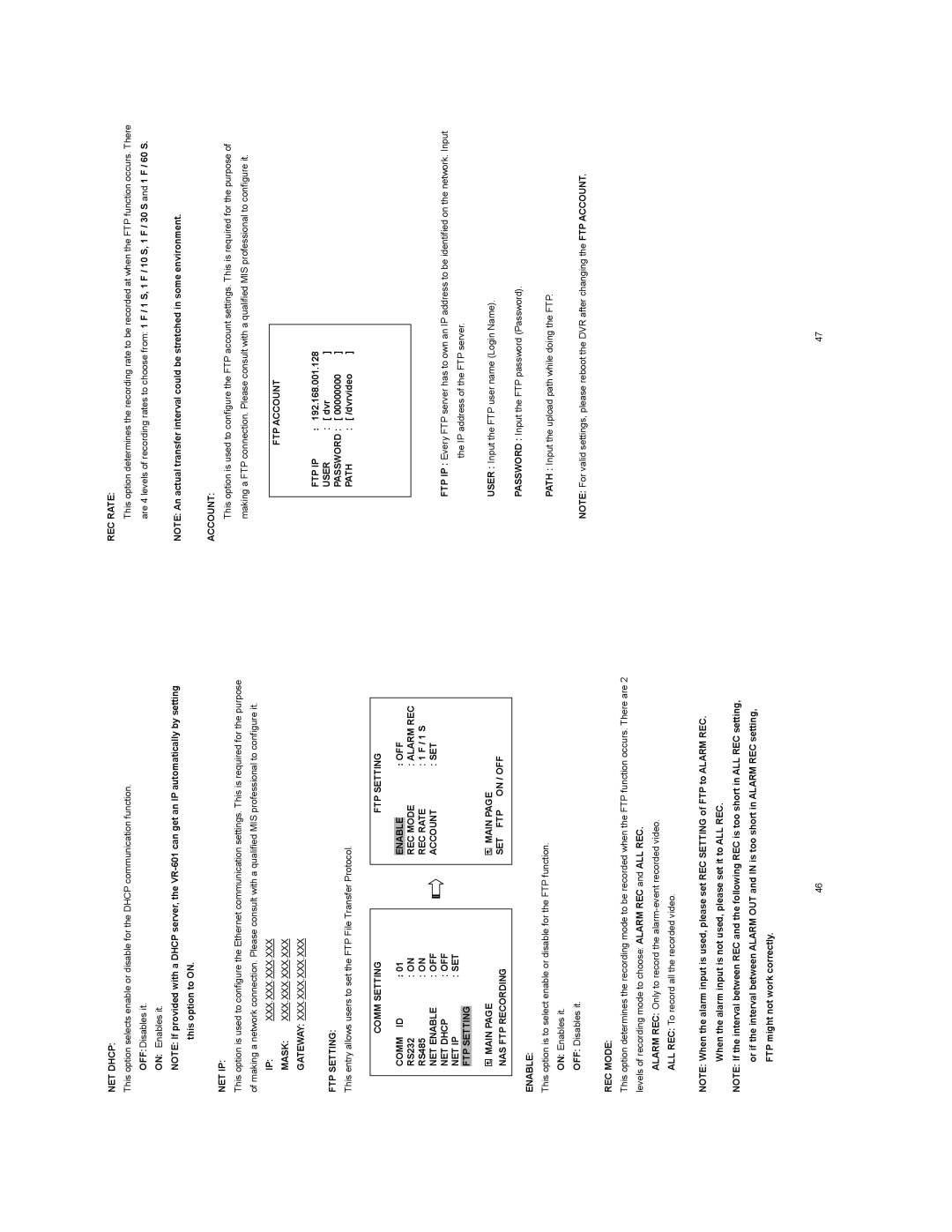 JVC VR601 Comm Setting FTP Setting Comm ID, Enable, REC Mode Alarm REC, FTP Account FTP IP, User, Password, Path 