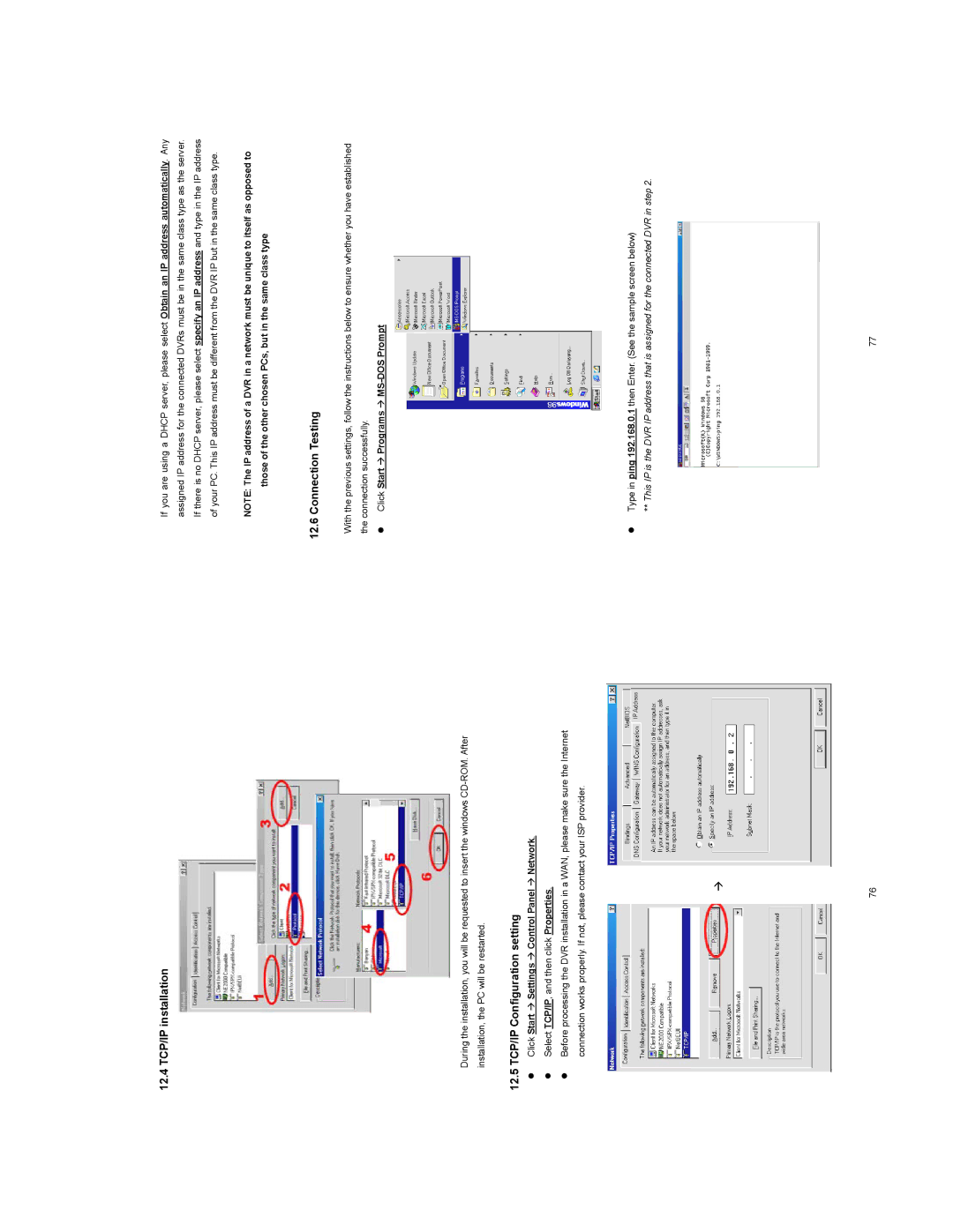 JVC VR601 instruction manual 12.4 TCP/IP installation, 12.5 TCP/IP Configuration setting, Connection Testing 