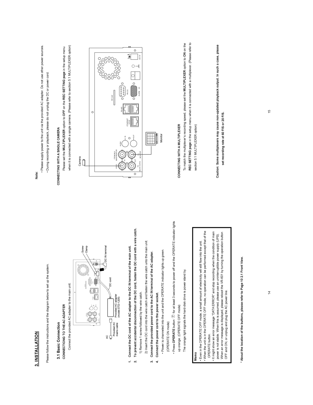 JVC VR601 instruction manual Installation, Basic Connection, Connectiong to the AC Adapter, Connecting with a Single Camera 