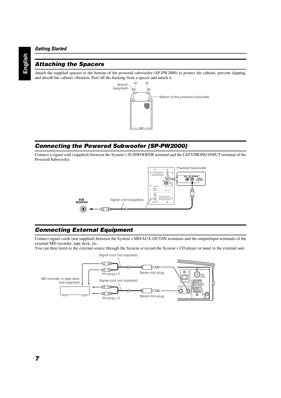 JVC VS-DT2000 manual Attaching the Spacers, Connecting the Powered Subwoofer SP-PW2000, Connecting External Equipment 