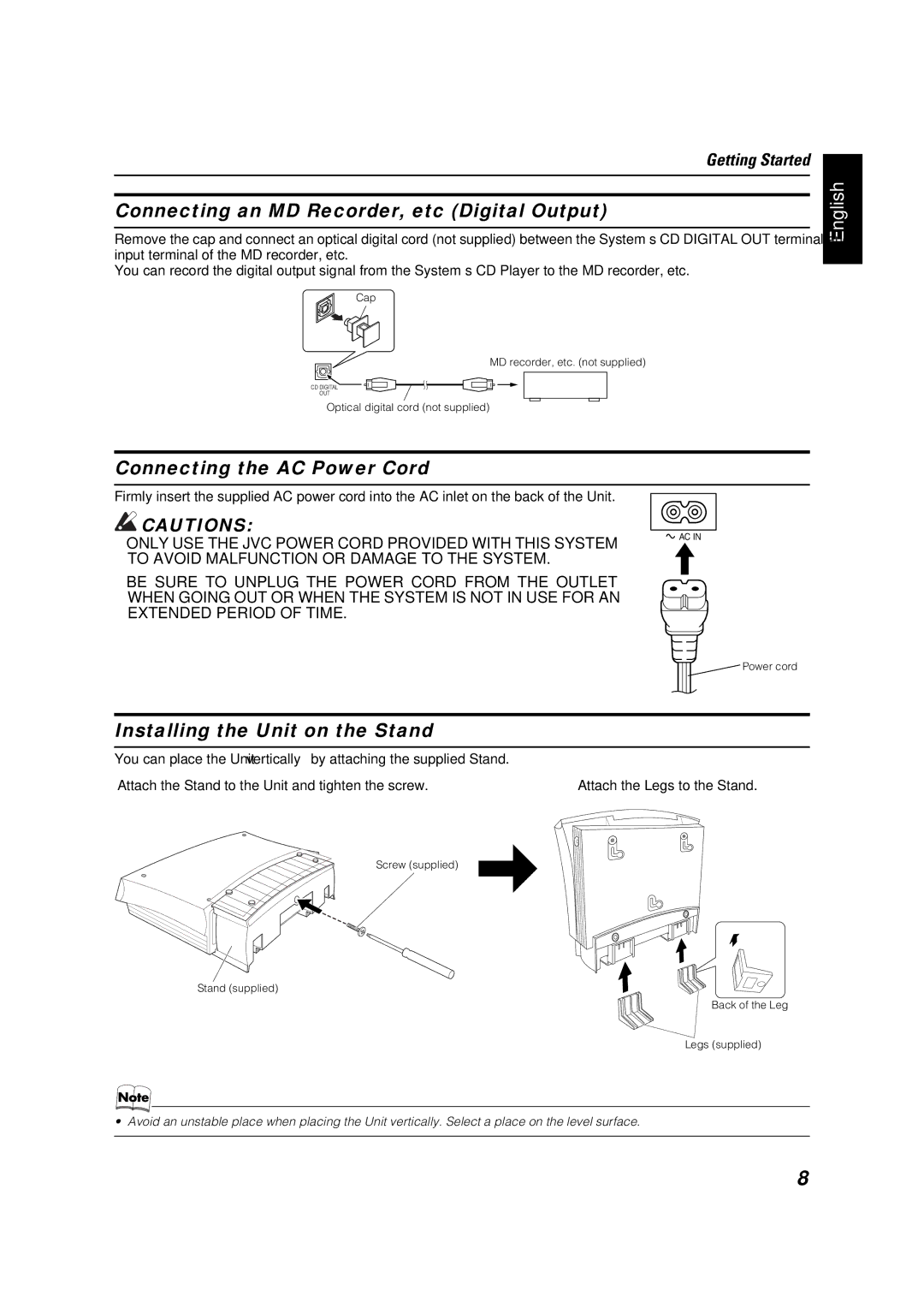 JVC VS-DT2000 manual Connecting an MD Recorder, etc Digital Output, Connecting the AC Power Cord 