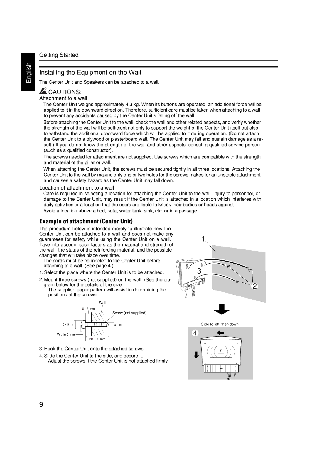 JVC VS-DT2000 manual Installing the Equipment on the Wall, Example of attachment Center Unit 