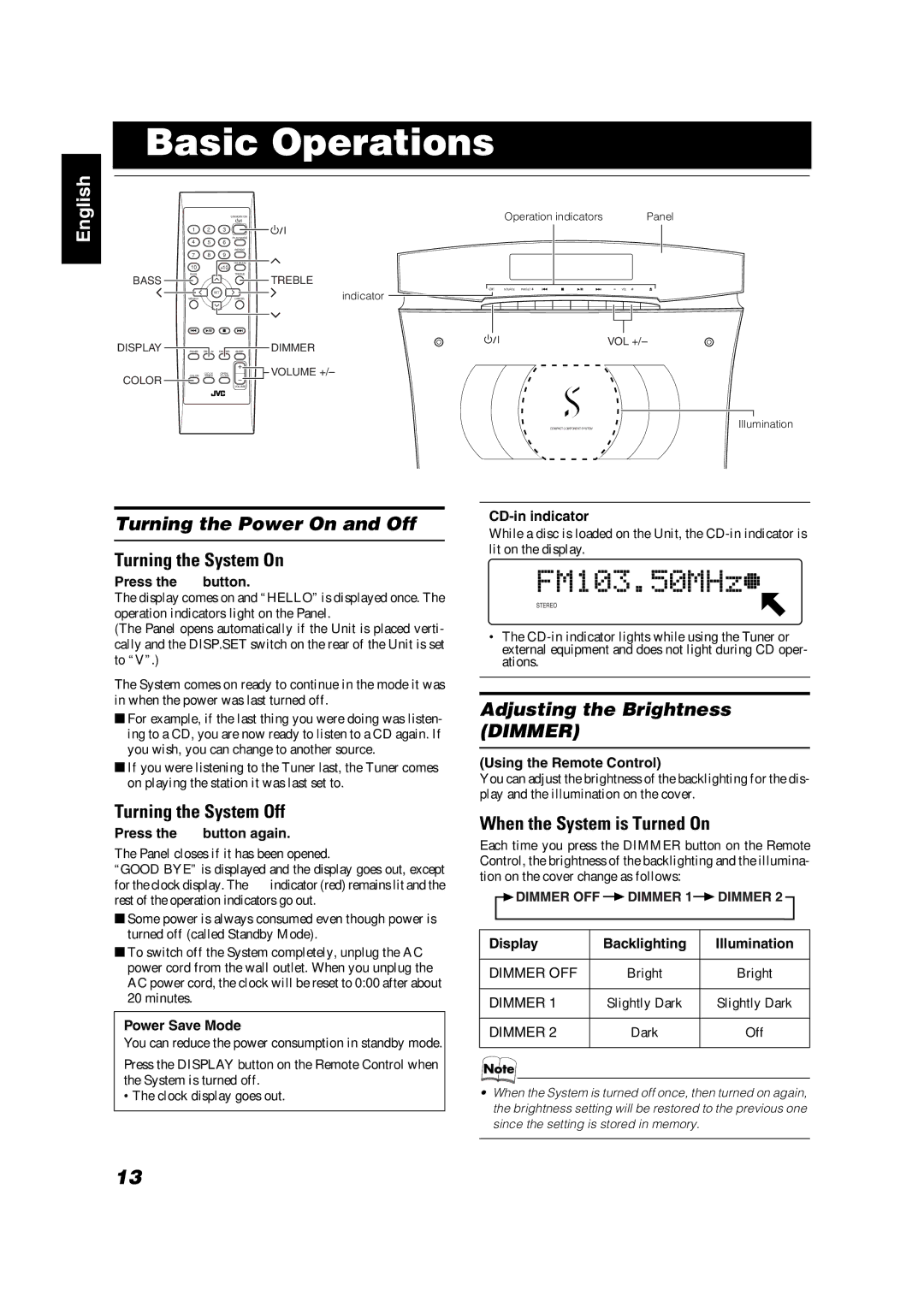 JVC VS-DT2000 manual Basic Operations, Turning the Power On and Off, Adjusting the Brightness Dimmer 