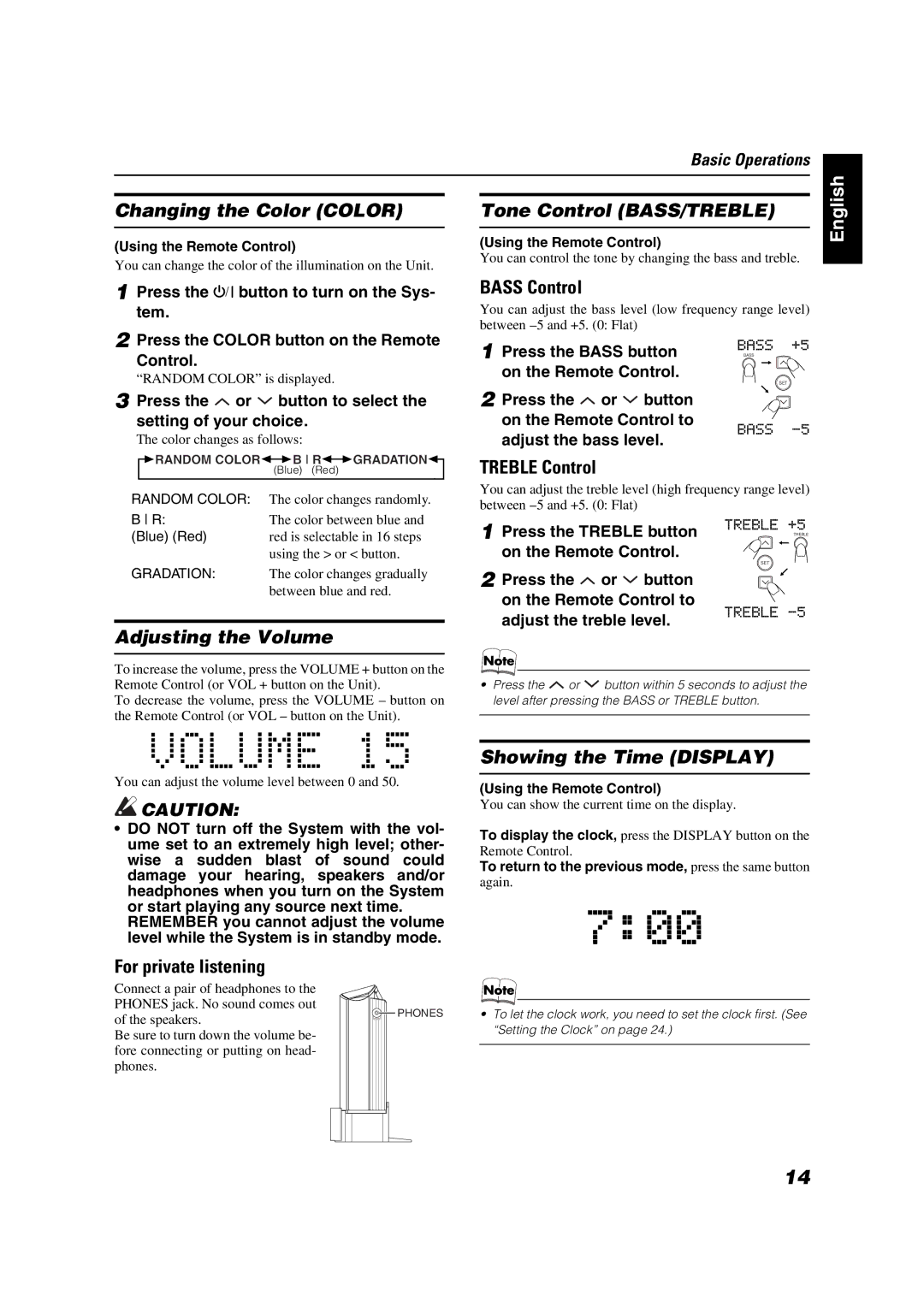 JVC VS-DT2000 manual Changing the Color Color Tone Control BASS/TREBLE, Adjusting the Volume, Showing the Time Display 