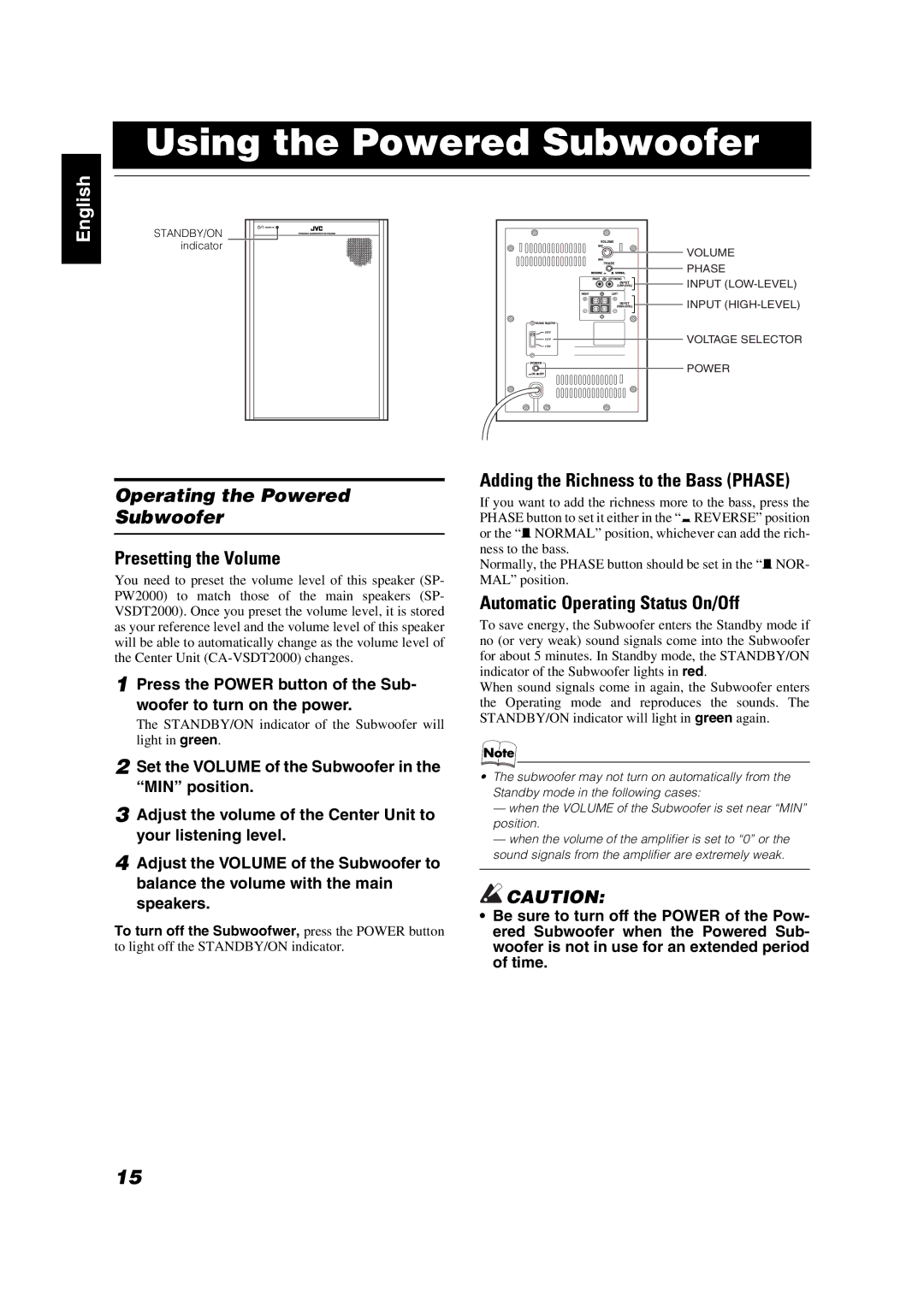 JVC VS-DT2000 manual Using the Powered Subwoofer, Operating the Powered Subwoofer, Presetting the Volume 