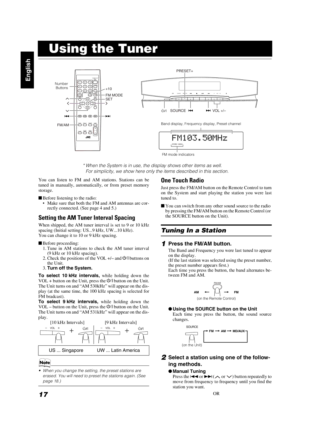 JVC VS-DT2000 manual Using the Tuner, Setting the AM Tuner Interval Spacing, One Touch Radio, Tuning In a Station 