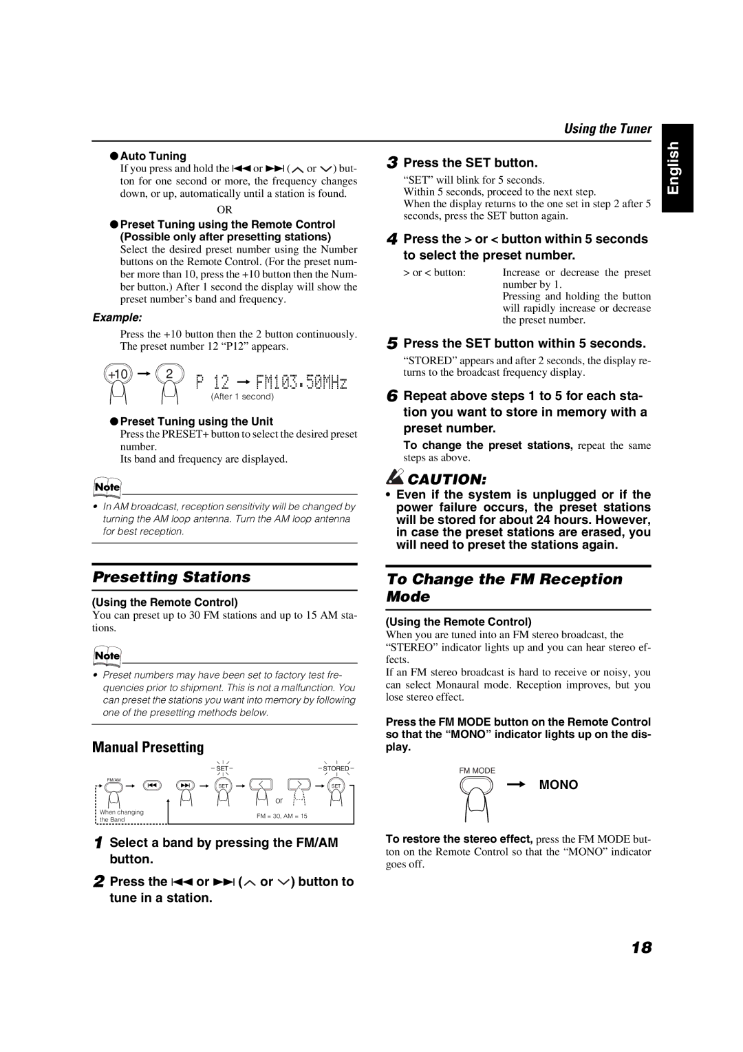 JVC VS-DT2000 manual Presetting Stations, Manual Presetting, To Change the FM Reception Mode, Press the SET button 