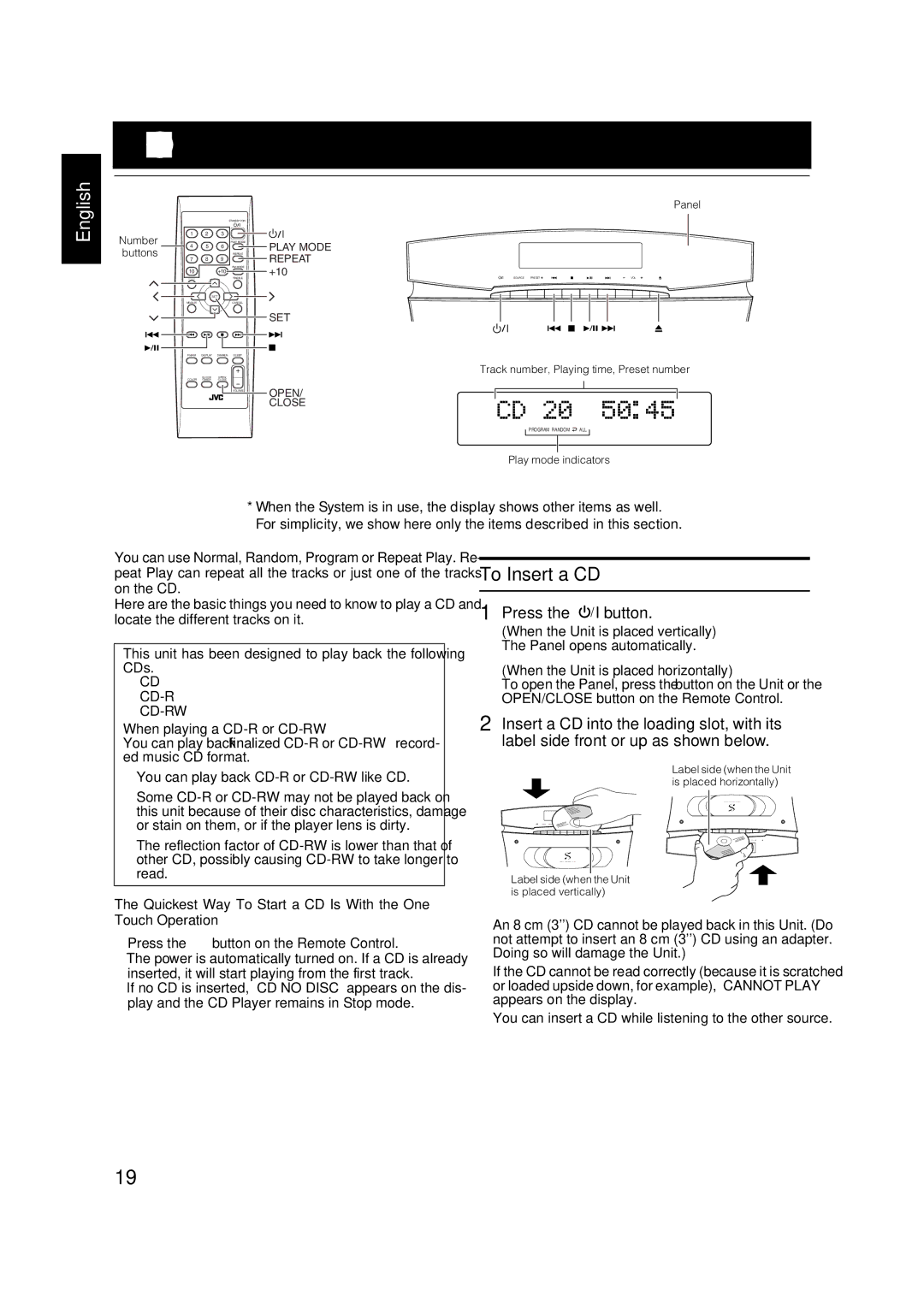 JVC VS-DT2000 manual Using the CD Player, To Insert a CD, Press the % button 