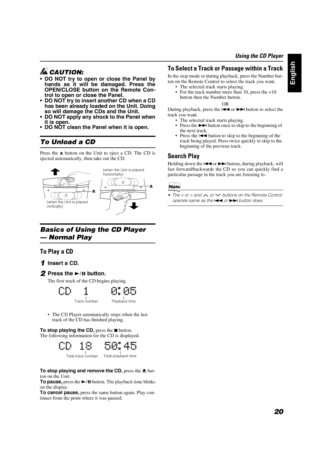 JVC VS-DT2000 manual To Unload a CD, Search Play, Basics of Using the CD Player Normal Play, To Play a CD 