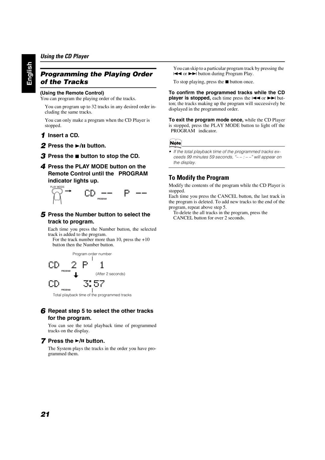 JVC VS-DT2000 manual Programming the Playing Order of the Tracks, To Modify the Program 