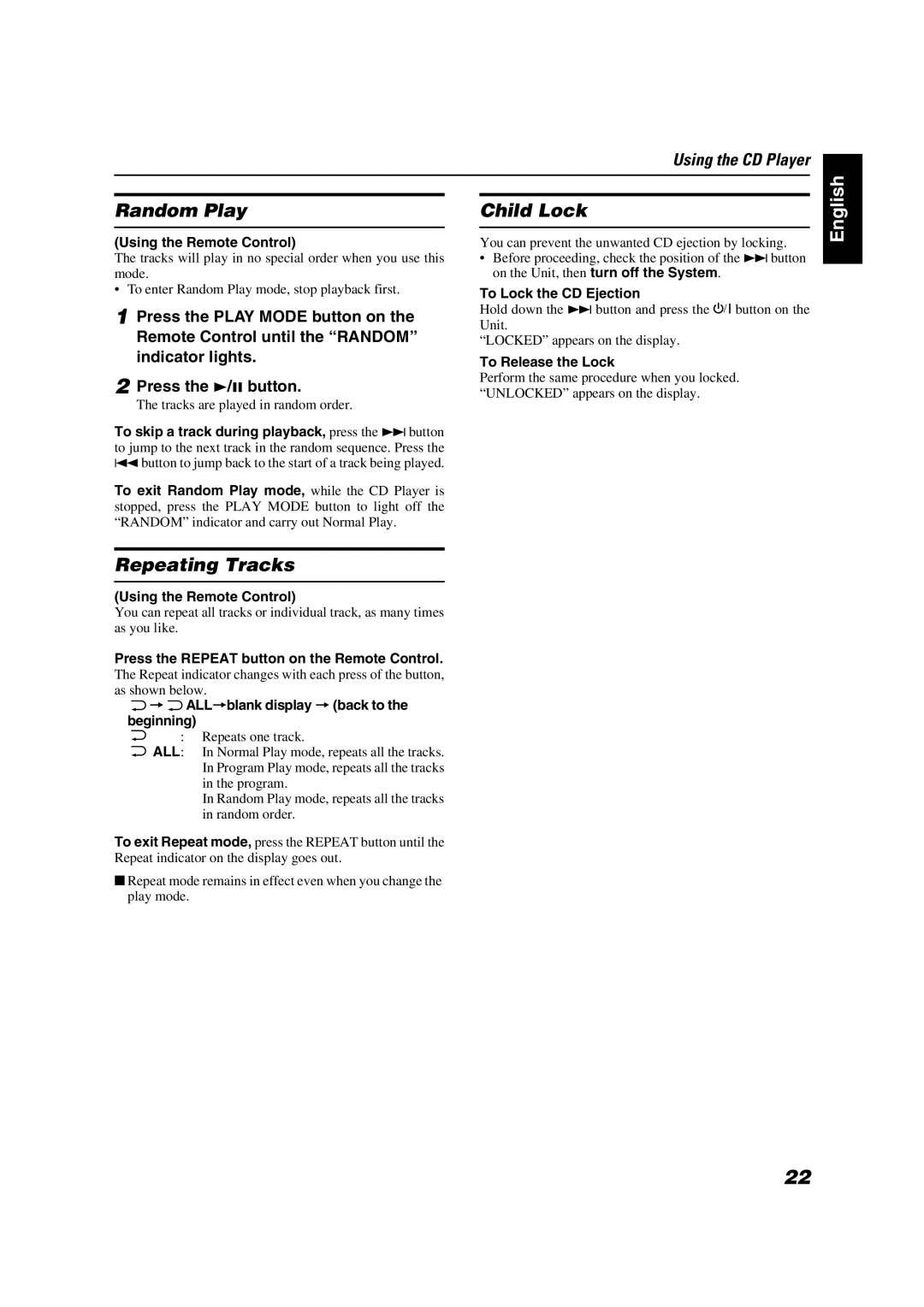 JVC VS-DT2000 manual Random Play, Repeating Tracks, Child Lock, To Lock the CD Ejection, To Release the Lock 