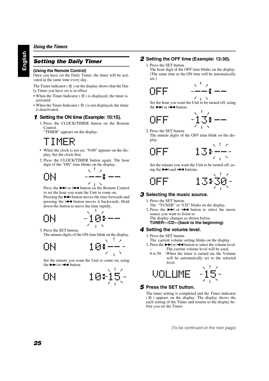 JVC VS-DT2000 Setting the Daily Timer, Setting the OFF time Example, Setting the on time Example, Setting the volume level 