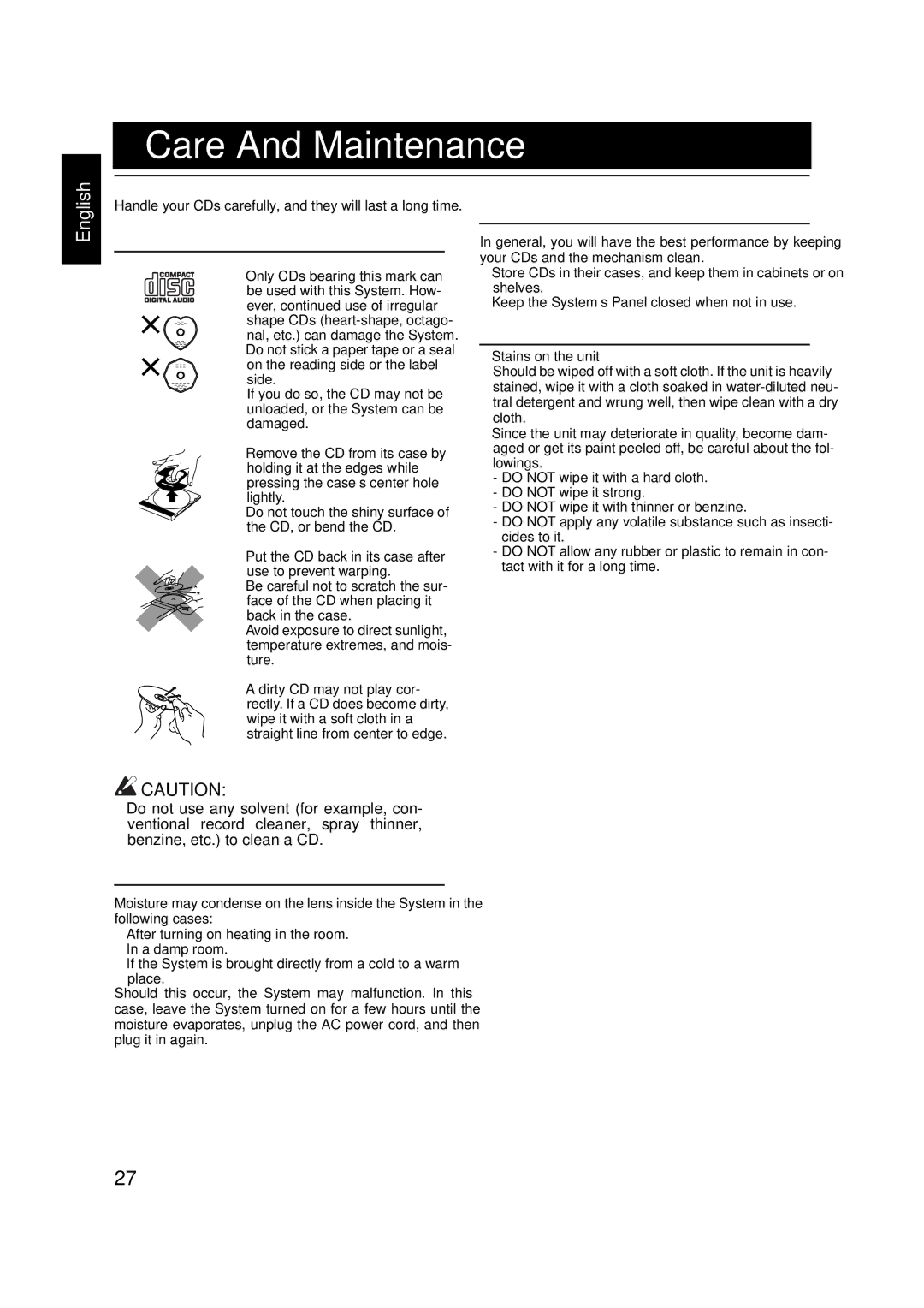 JVC VS-DT2000 manual Care And Maintenance, Compact Discs, Moisture Condensation, General Notes, Cleaning the unit 