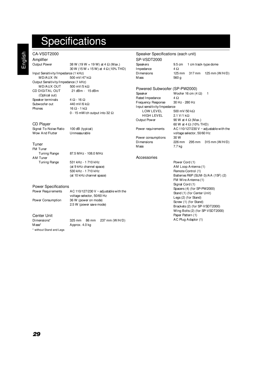 JVC VS-DT2000 manual Specifications 