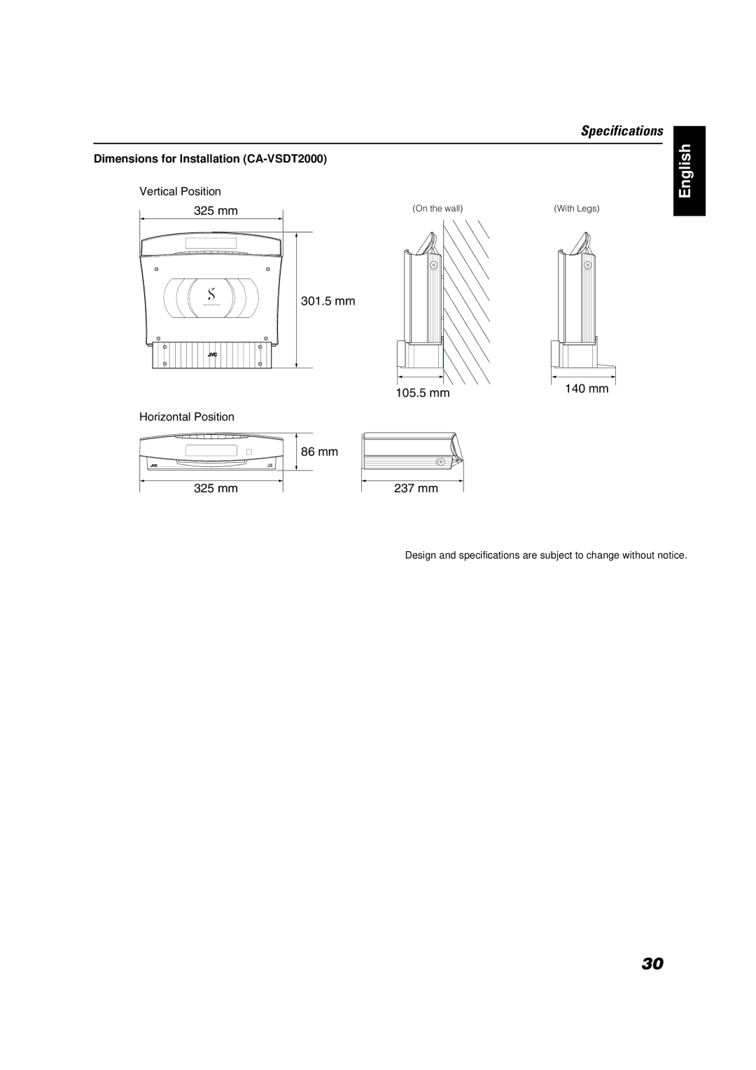 JVC VS-DT2000 manual Dimensions for Installation CA-VSDT2000 