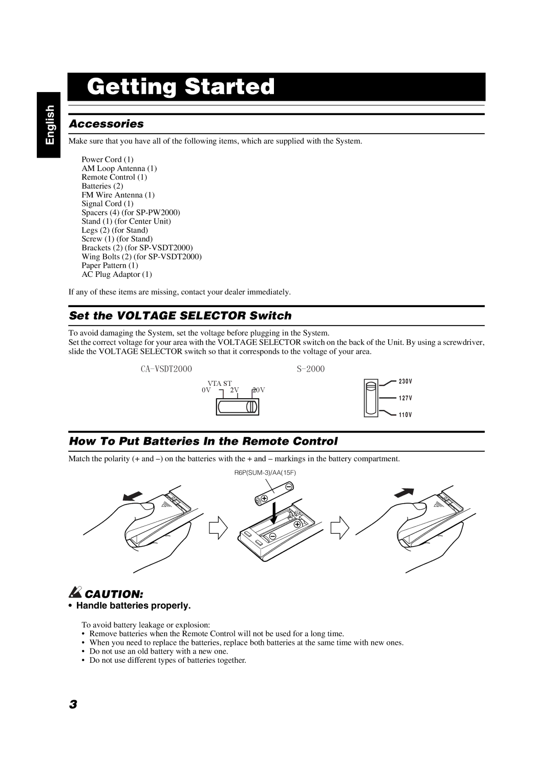 JVC VS-DT2000 Getting Started, Accessories, Set the Voltage Selector Switch, How To Put Batteries In the Remote Control 