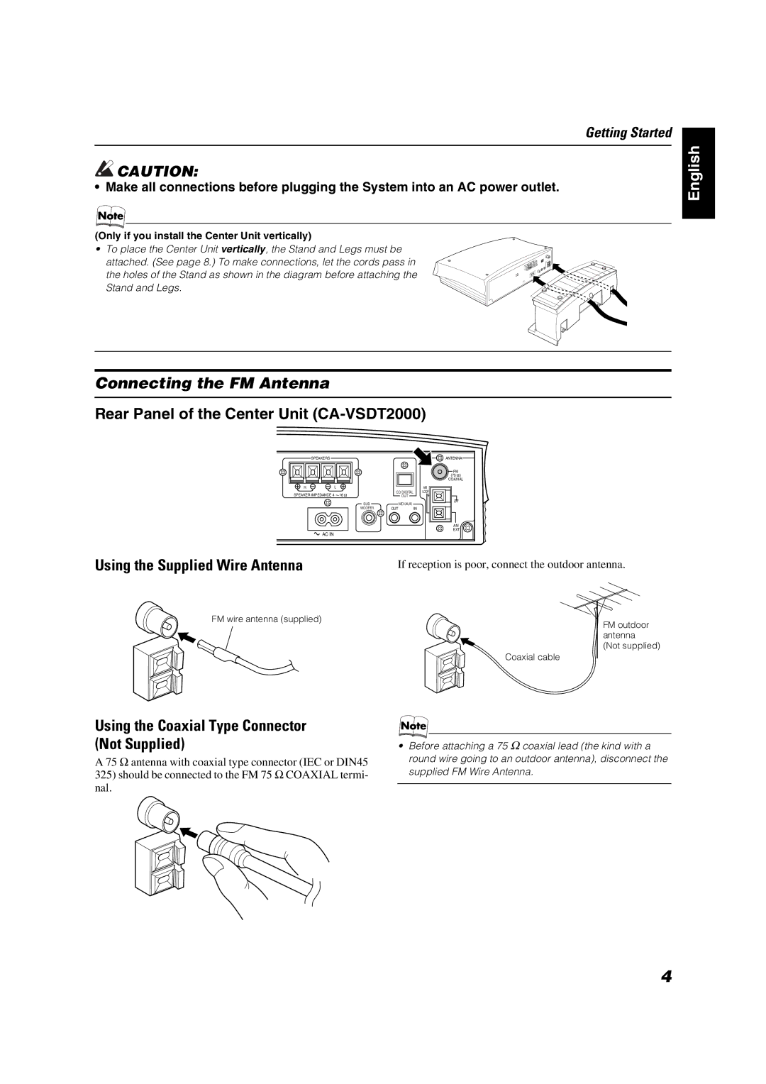 JVC VS-DT2000 Connecting the FM Antenna, Using the Supplied Wire Antenna, Using the Coaxial Type Connector Not Supplied 