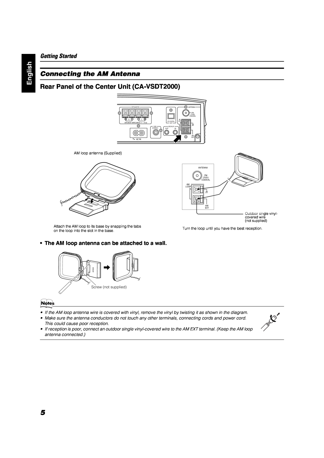 JVC VS-DT2000 manual English, Connecting the AM Antenna, Getting Started, The AM loop antenna can be attached to a wall 