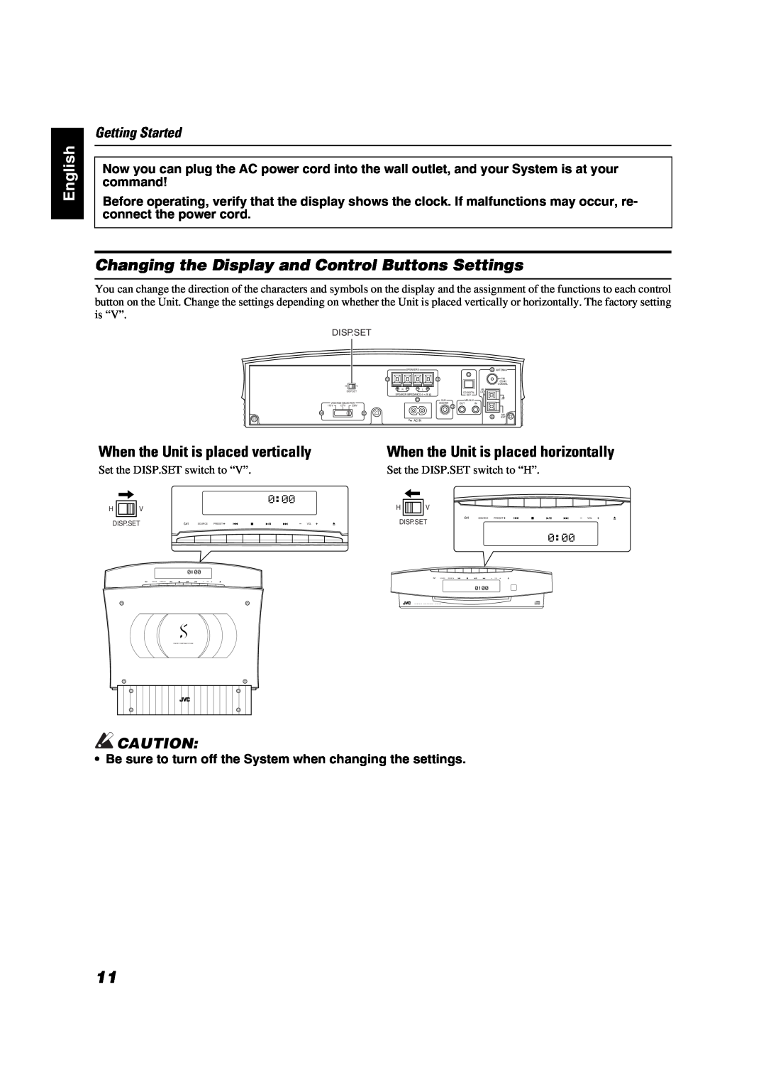 JVC VS-DT2000 manual English, Changing the Display and Control Buttons Settings, When the Unit is placed vertically 