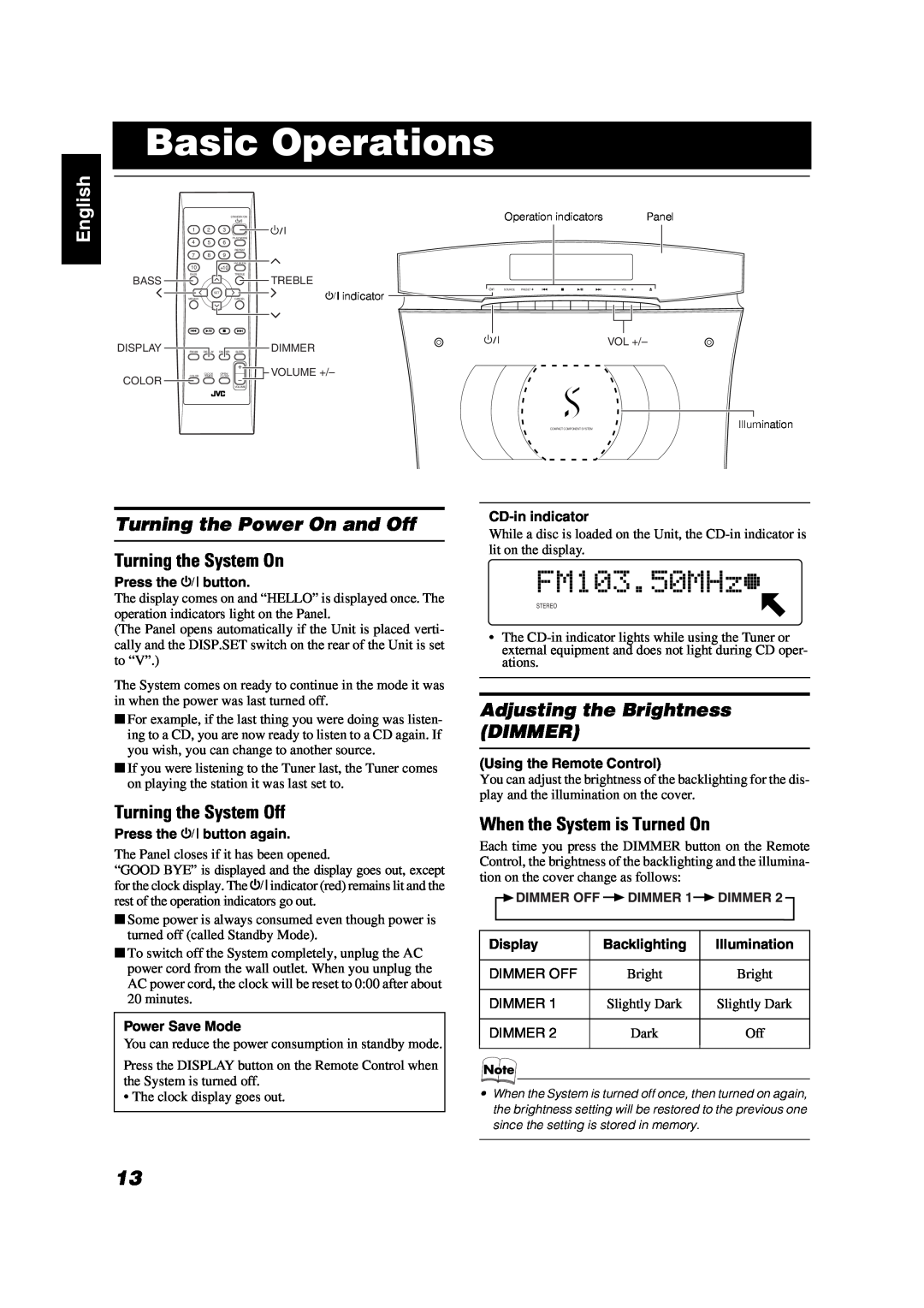 JVC VS-DT2000 manual Basic Operations, English, Turning the Power On and Off, Turning the System On, Turning the System Off 