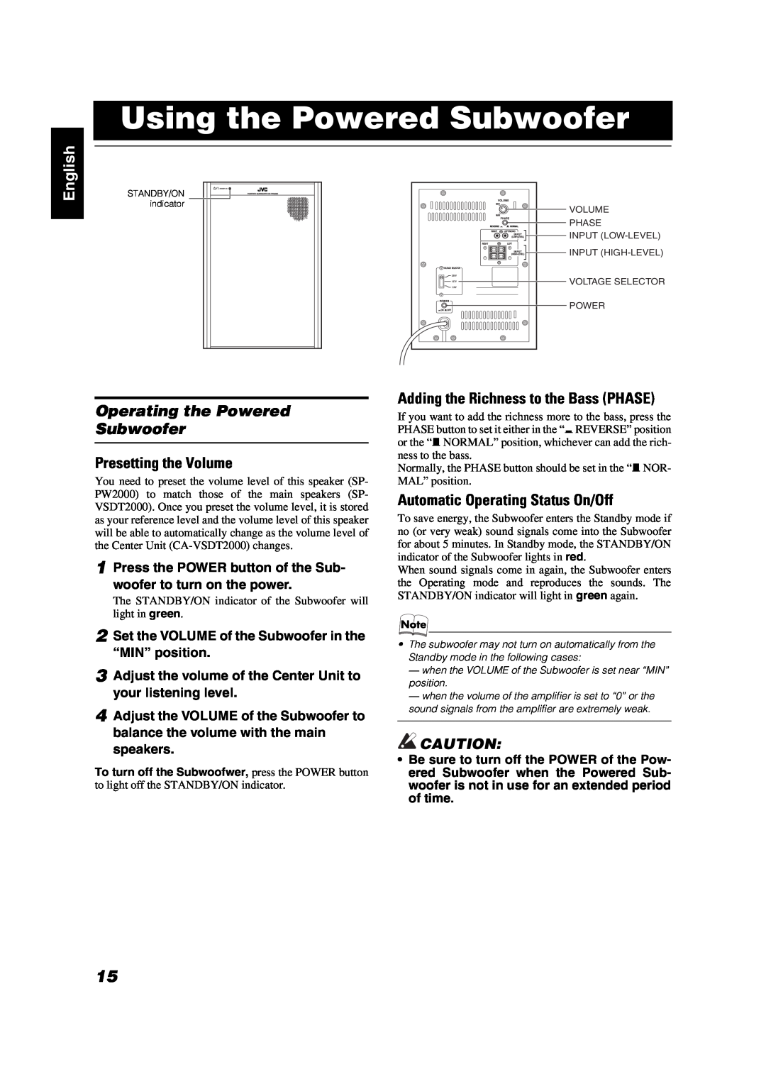 JVC VS-DT2000 manual Using the Powered Subwoofer, English, Operating the Powered Subwoofer, Presetting the Volume 