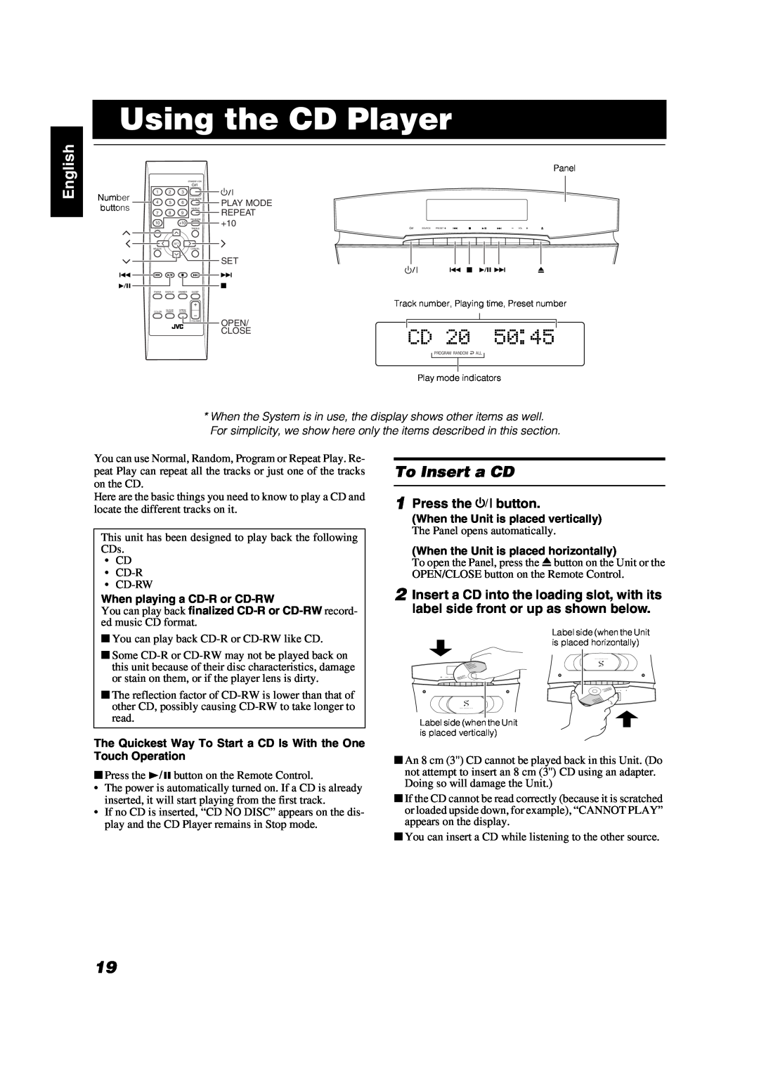 JVC VS-DT2000 manual Using the CD Player, English, To Insert a CD, Press the % button, When playing a CD-Ror CD-RW 