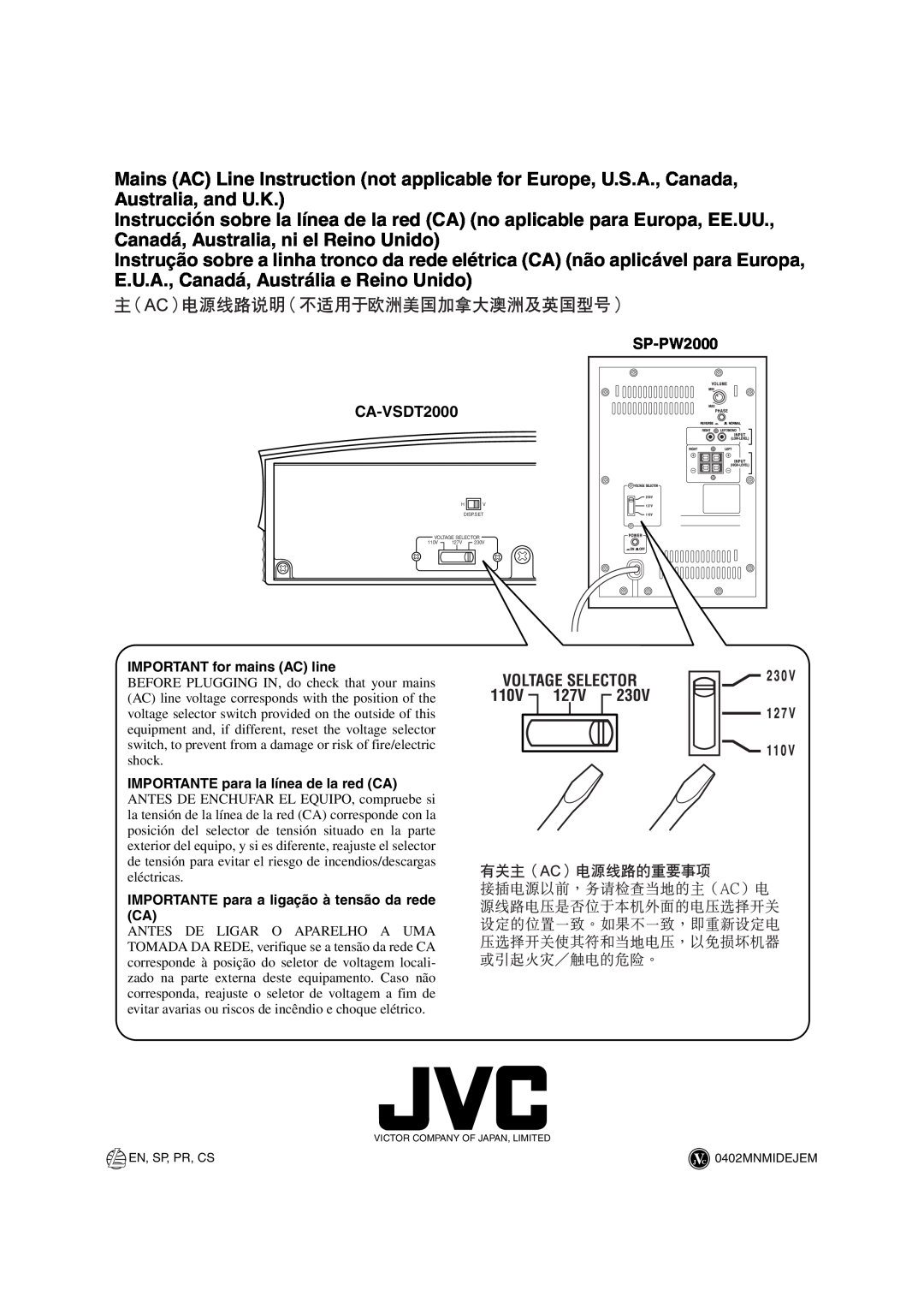 JVC VS-DT2000 manual Voltage Selector, IMPORTANT for mains AC line, IMPORTANTE para a ligação à tensão da rede CA 