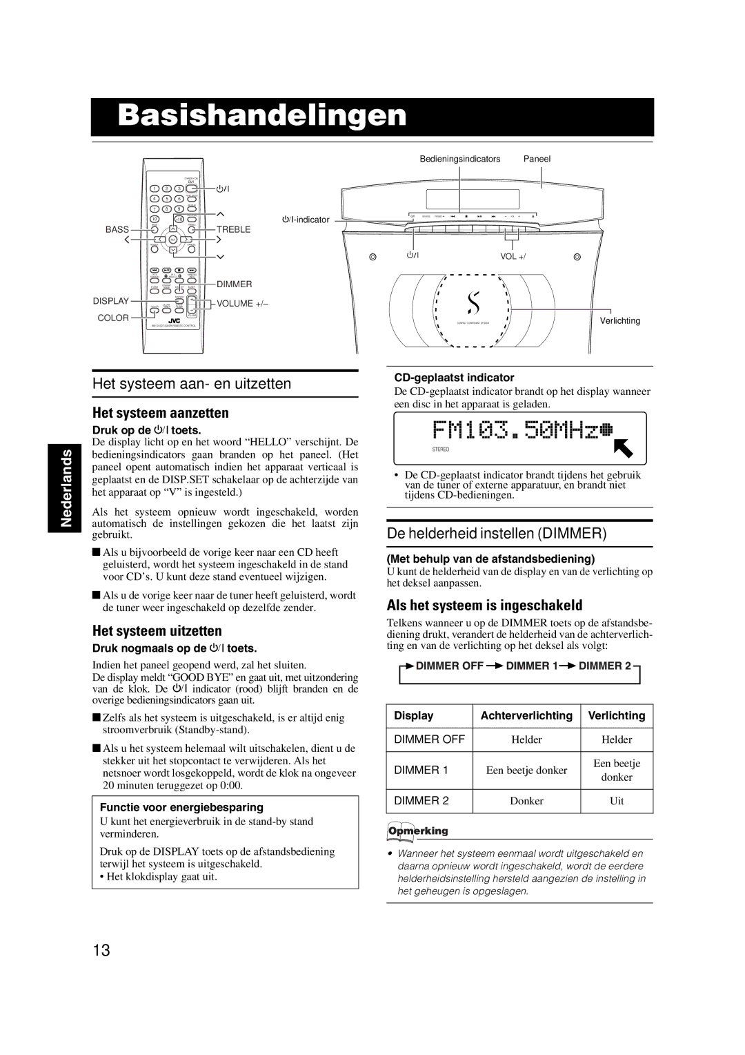 JVC VS-DT2000R manual Basishandelingen, Het systeem aan- en uitzetten, De helderheid instellen Dimmer 