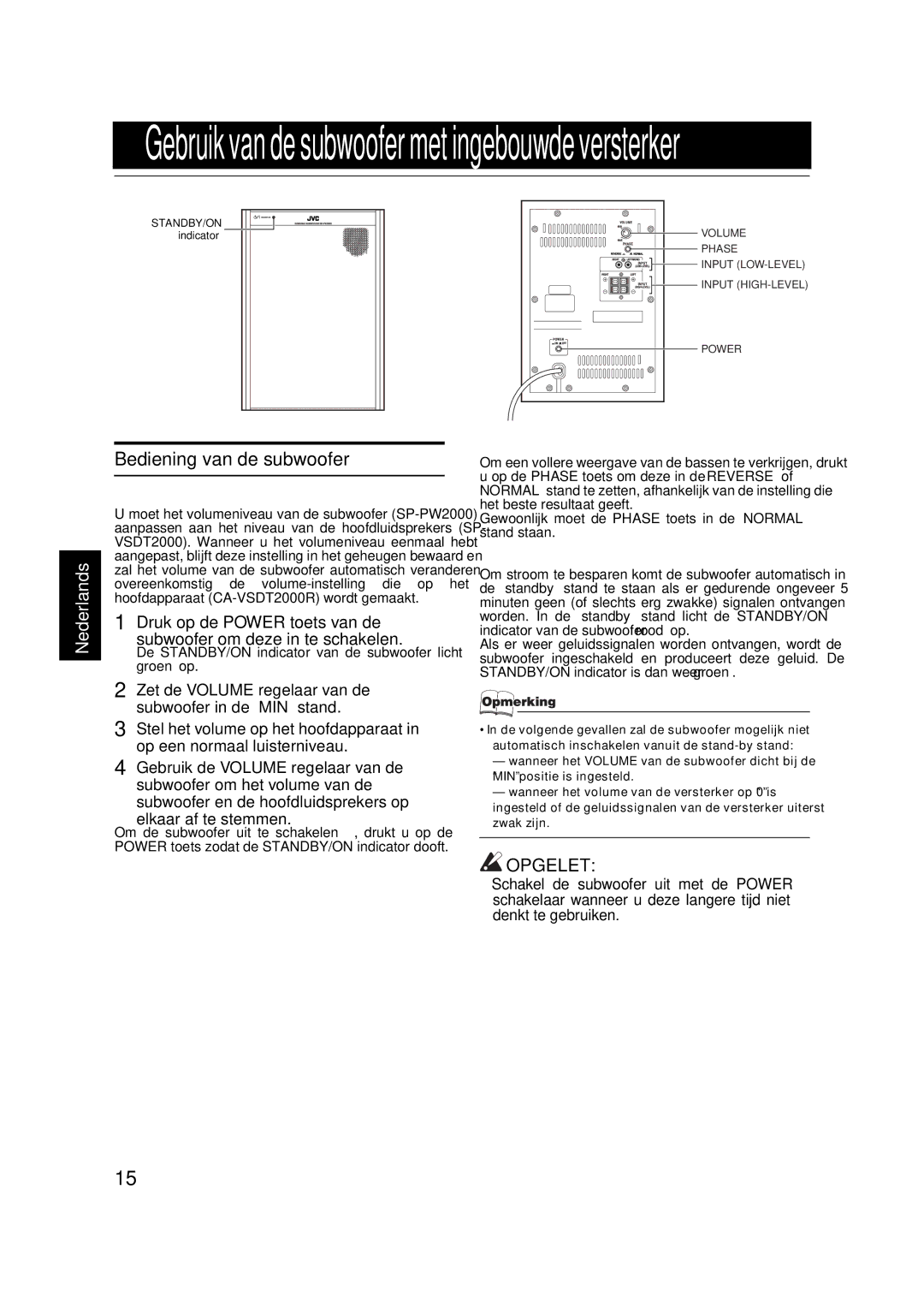 JVC VS-DT2000R manual Bediening van de subwoofer, Aanpassen van het volumeniveau, Automatisch in/uitschakelen, Groen op 