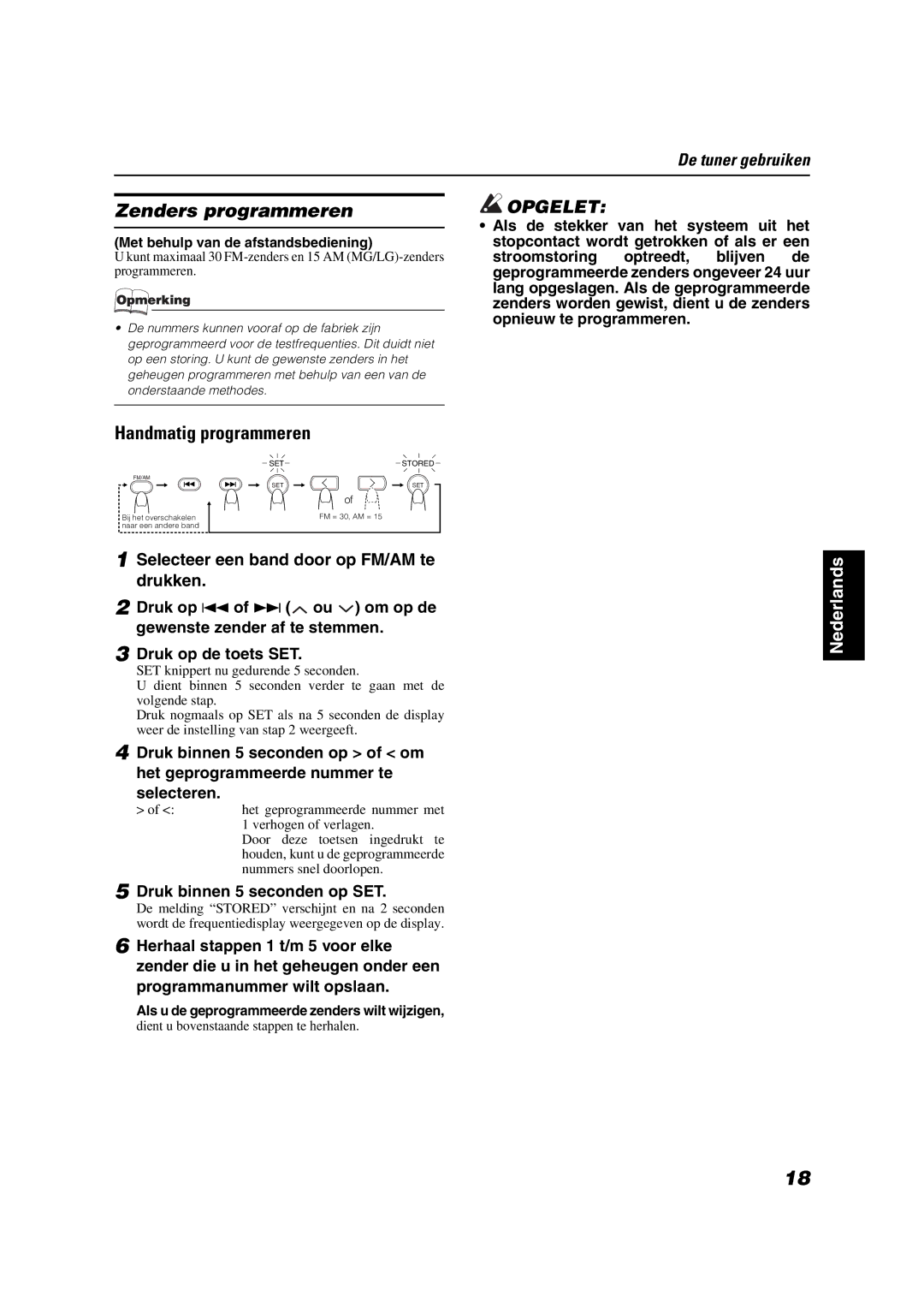 JVC VS-DT2000R manual Zenders programmeren, Handmatig programmeren, Druk binnen 5 seconden op SET 