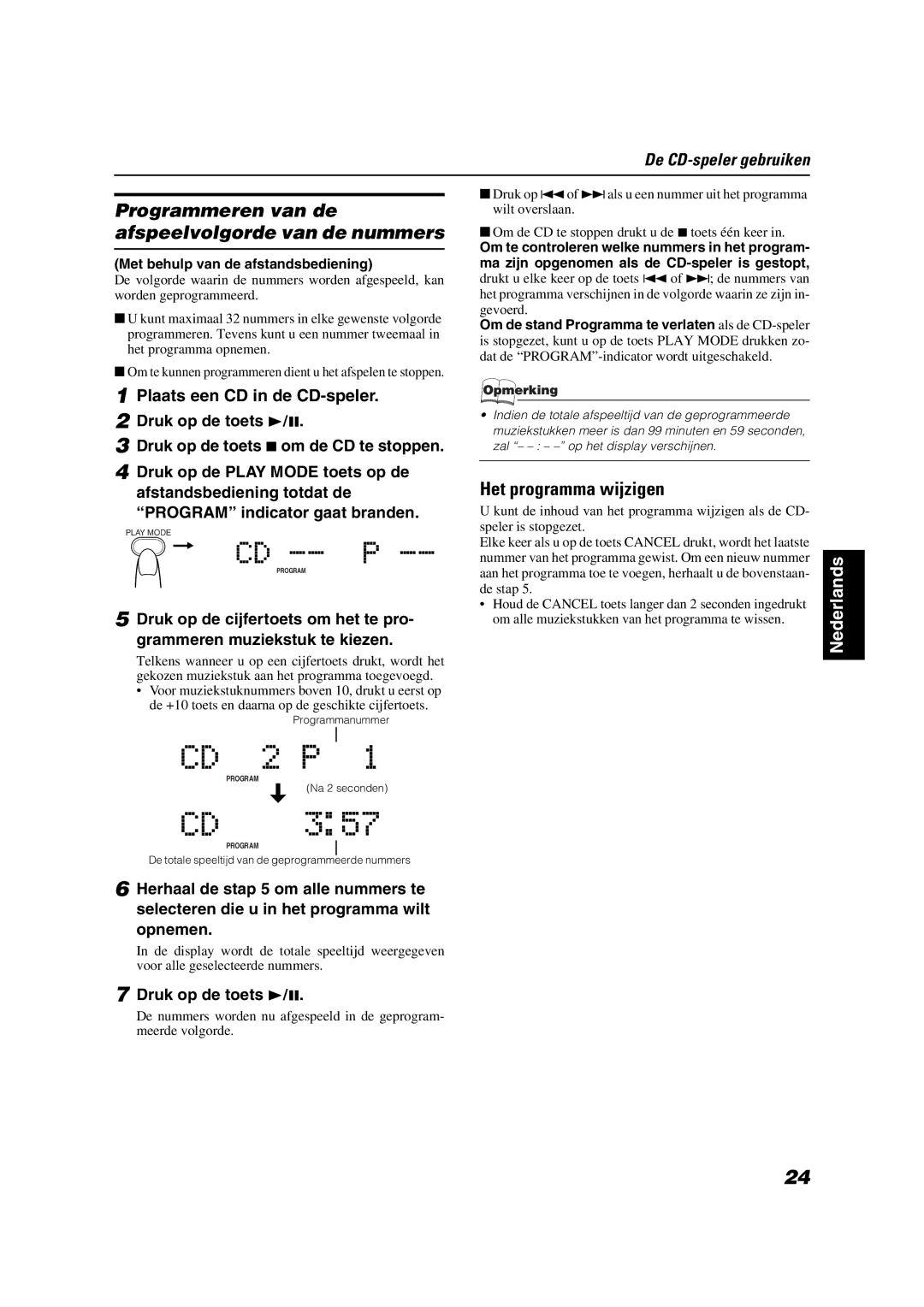 JVC VS-DT2000R manual Programmeren van de afspeelvolgorde van de nummers, Het programma wijzigen 