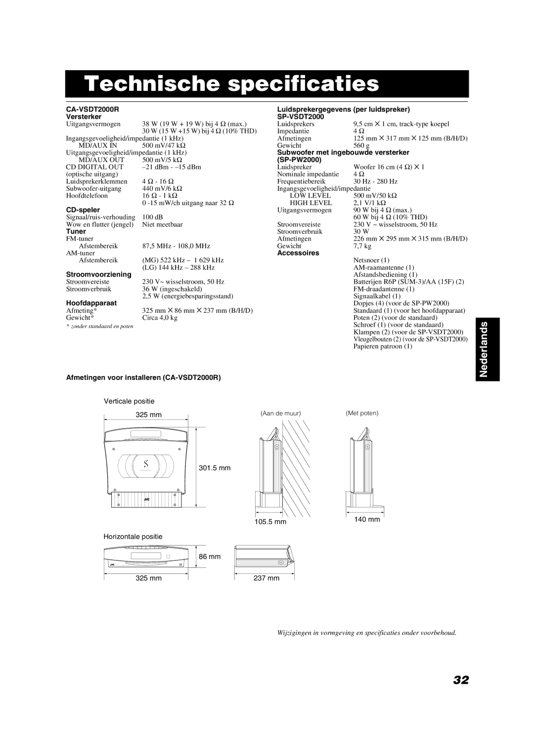 JVC VS-DT2000R manual Technische specificaties, CA-VSDT2000R 