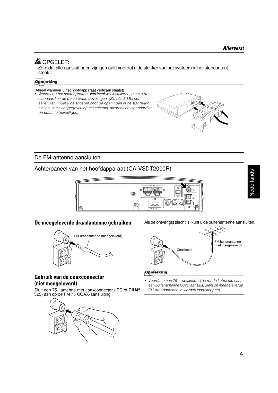 JVC VS-DT2000R manual De FM-antenne aansluiten, Alleen wanneer u het hoofdapparaat verticaal plaatst 