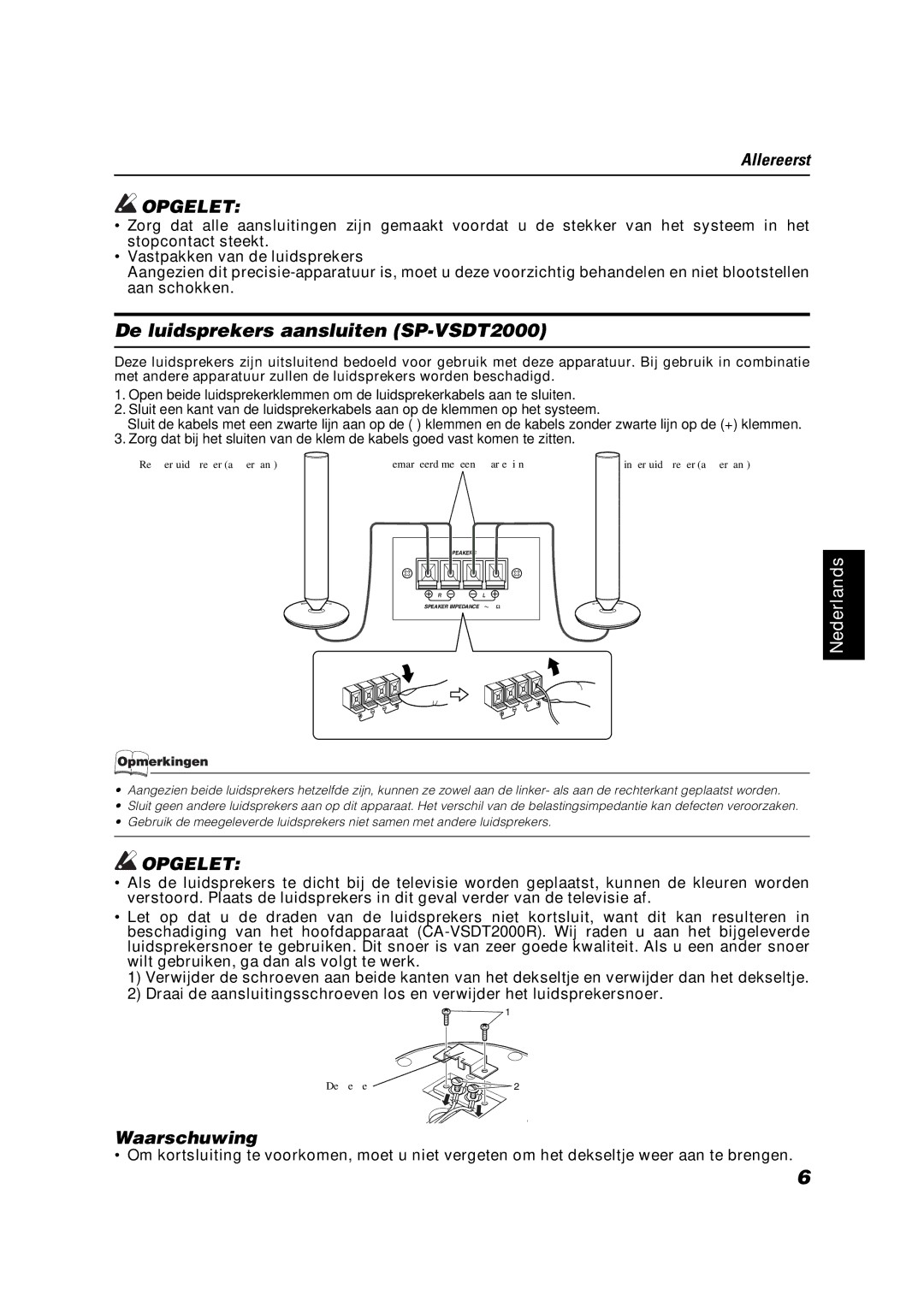 JVC VS-DT2000R manual De luidsprekers aansluiten SP-VSDT2000, Waarschuwing 