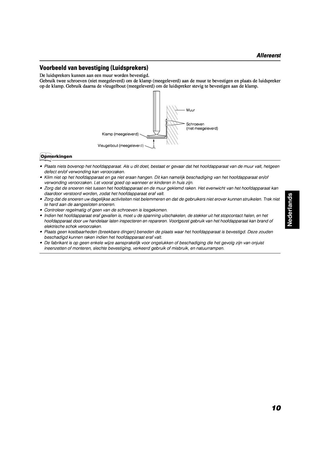 JVC VS-DT2000R manual Voorbeeld van bevestiging Luidsprekers, Allereerst, Nederlands, Vleugelbout meegeleverd 