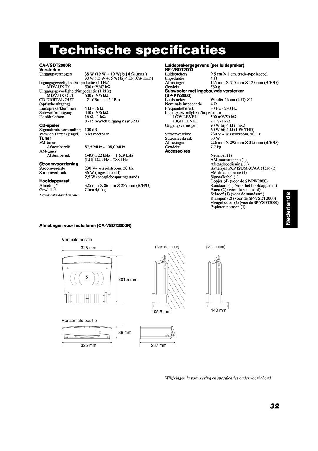 JVC VS-DT2000R manual Technische specificaties, Nederlands 