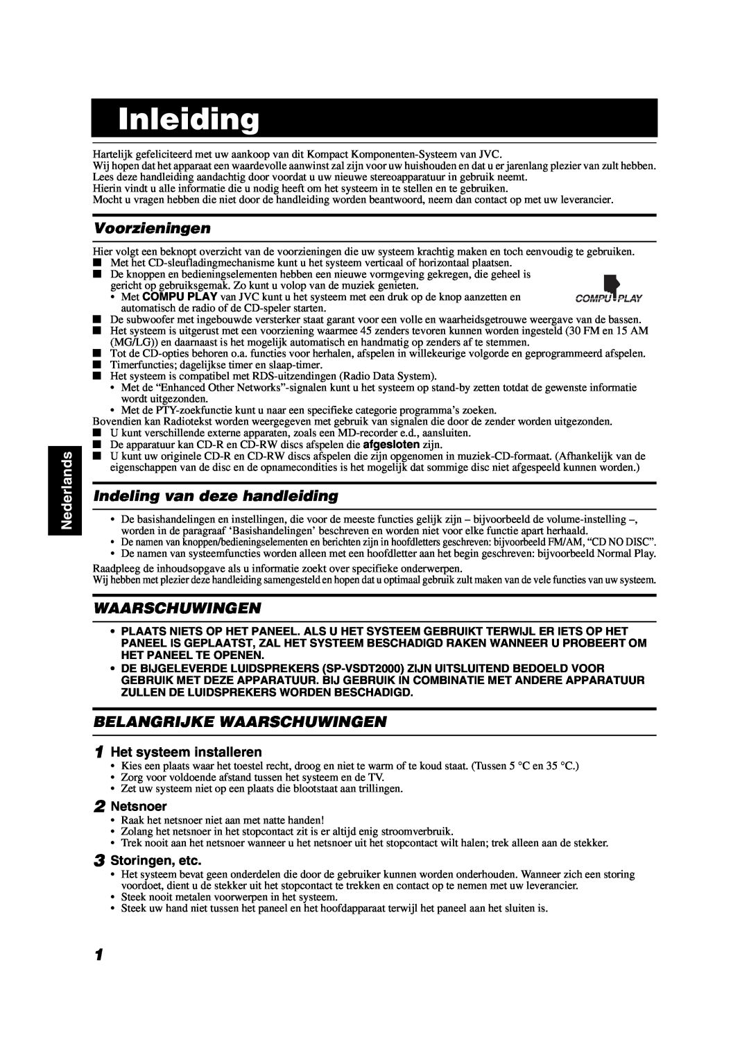JVC VS-DT2000R manual Inleiding, Voorzieningen, Indeling van deze handleiding, Belangrijke Waarschuwingen, Nederlands 