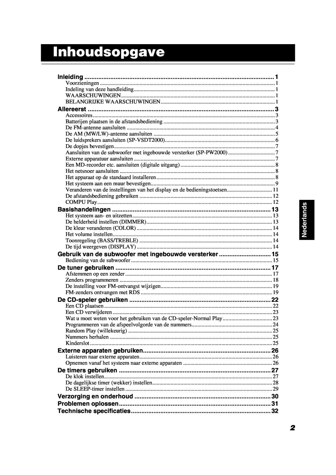 JVC VS-DT2000R manual Inhoudsopgave, Nederlands 