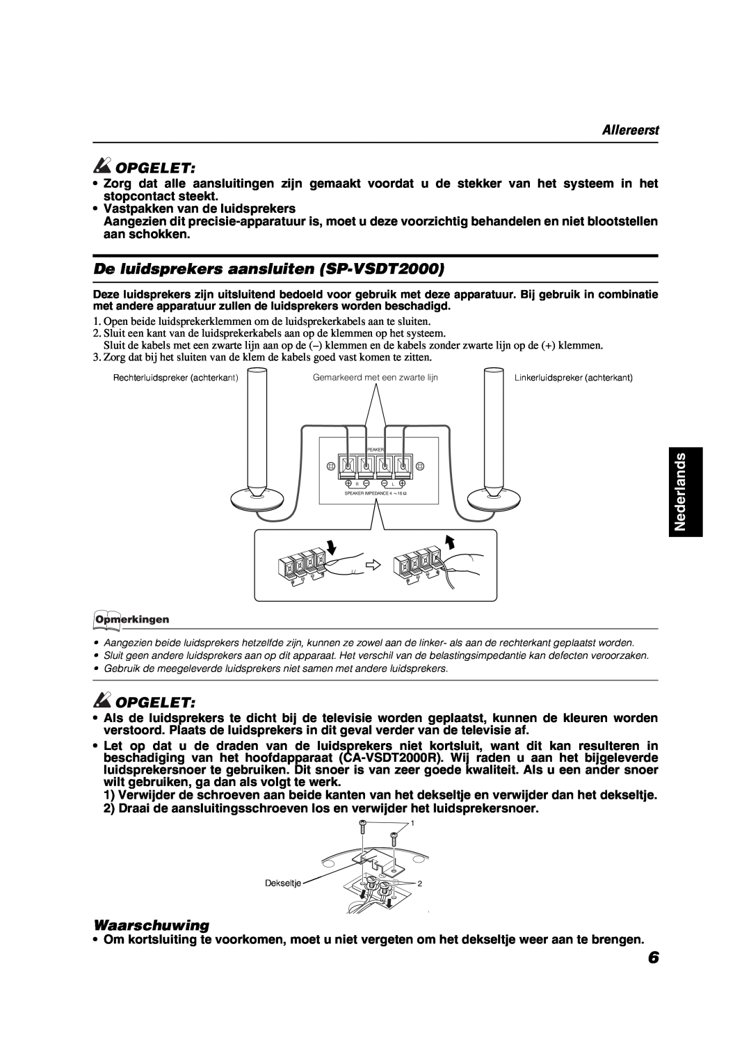 JVC VS-DT2000R manual De luidsprekers aansluiten SP-VSDT2000, Waarschuwing, Allereerst, Opgelet, Nederlands 