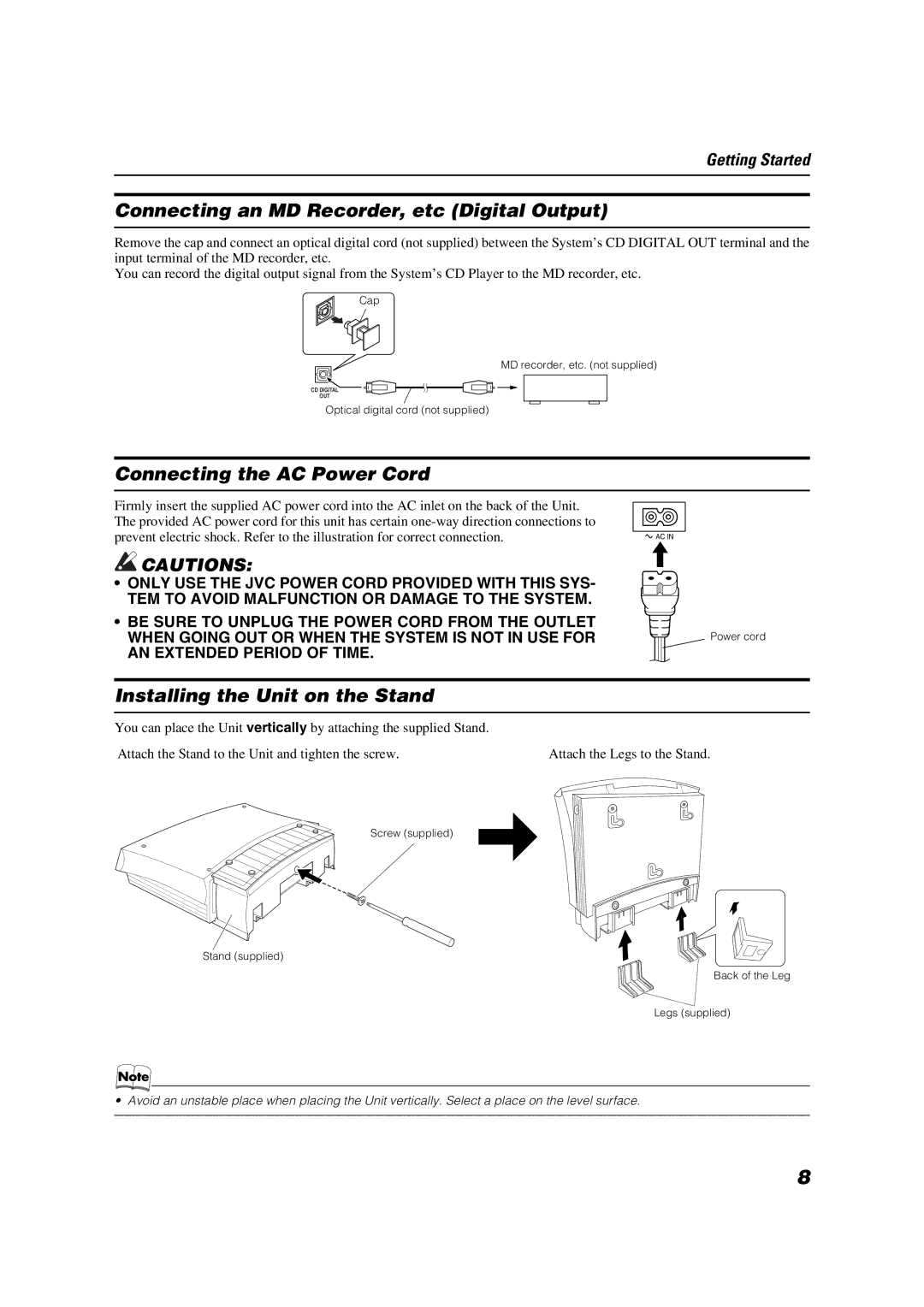 JVC VS-DT8 Connecting an MD Recorder, etc Digital Output, Connecting the AC Power Cord, Installing the Unit on the Stand 