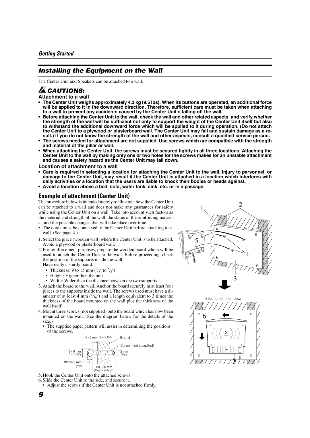 JVC VS-DT6, VS-DT8 manual Installing the Equipment on the Wall, Example of attachment Center Unit 