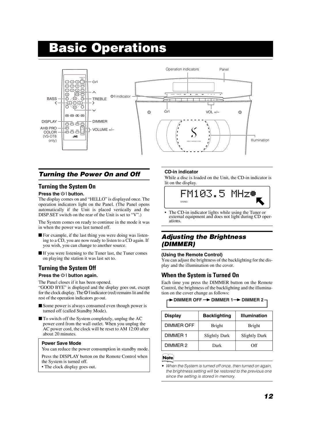 JVC VS-DT8, VS-DT6 manual Basic Operations, Turning the Power On and Off, Adjusting the Brightness Dimmer 